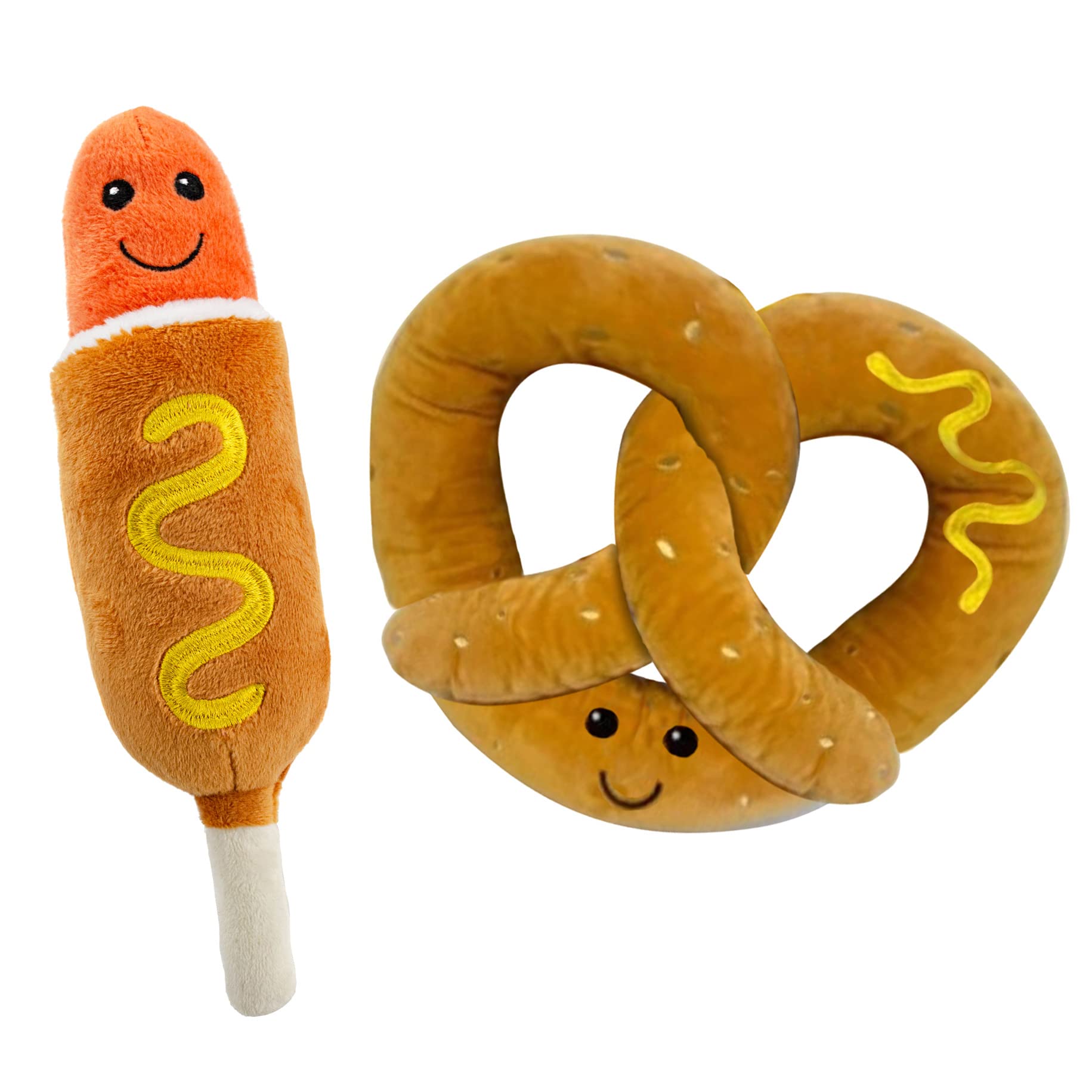 Giftable World Pet Plush Pet Toy Fruits, Cupcakes, Ice Creams, Mug With Squeaker Dog Chew Toy (8' Corn Dog & Pretzel)