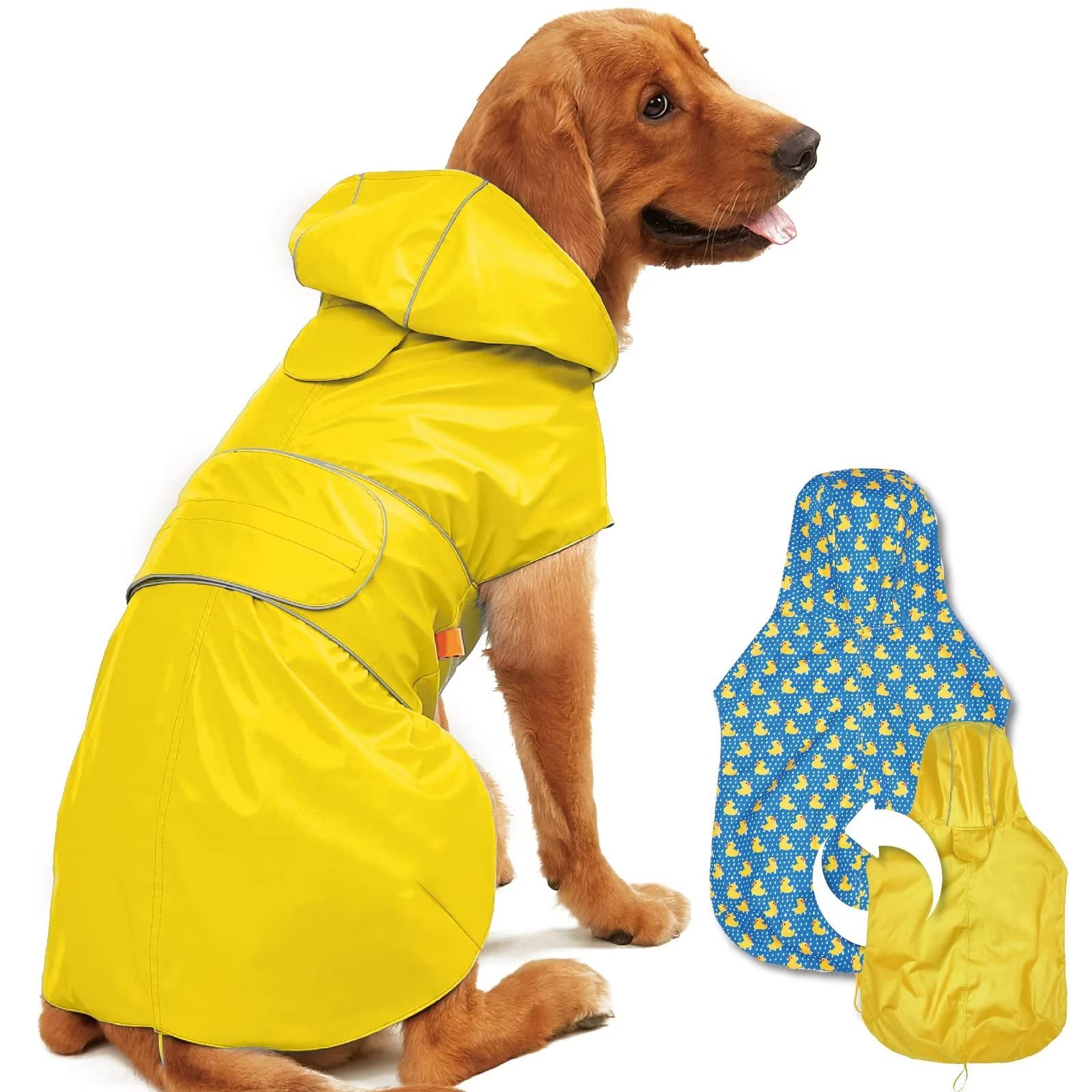 Kimee Dog Raincoat Reversible, Single Side Slicker Poncho Adjustable Waterproof Dog Rain Jacket With Leash Hole/Reflective Strip