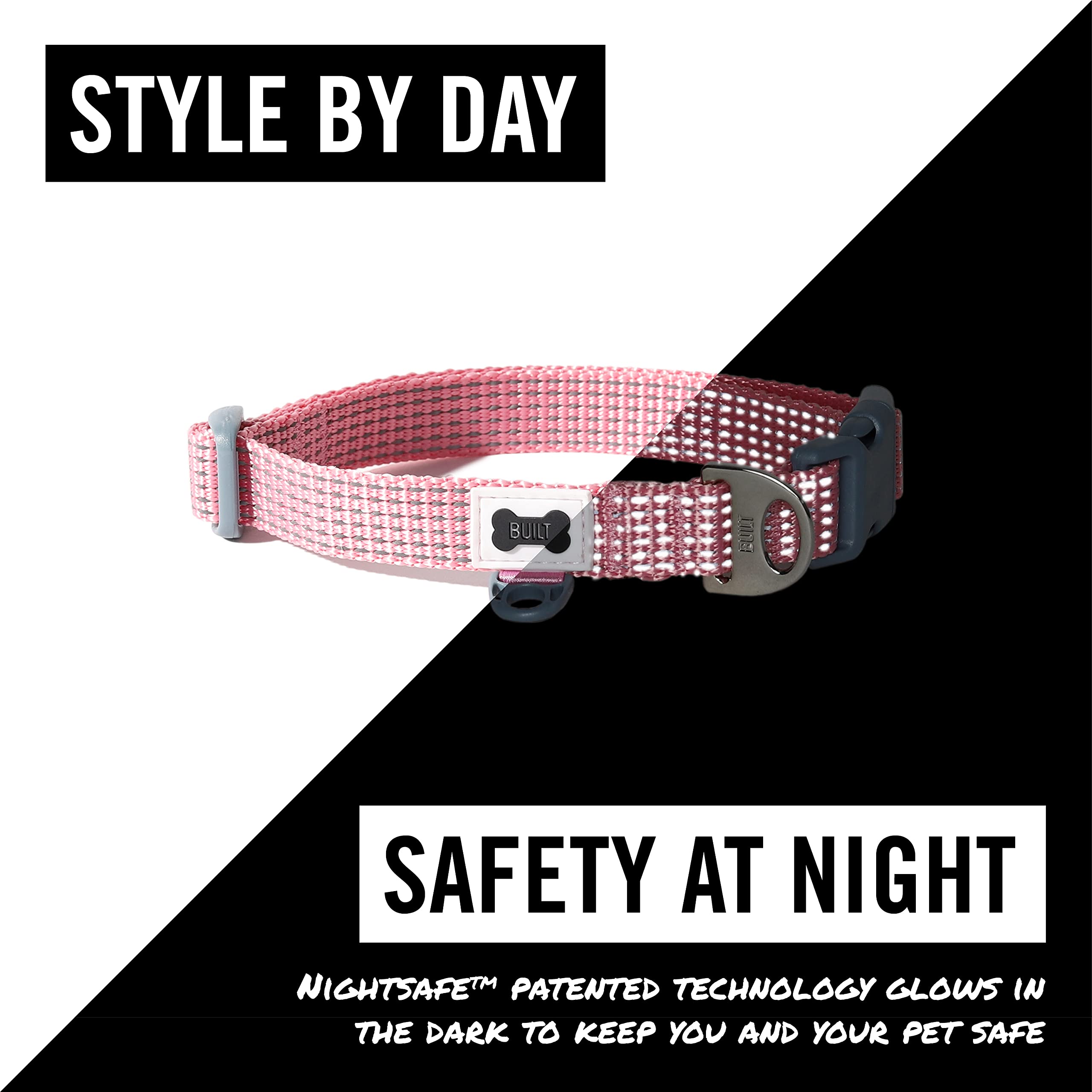 Built Pet Nightsafe Dog Collar Medium, Pink And Gray