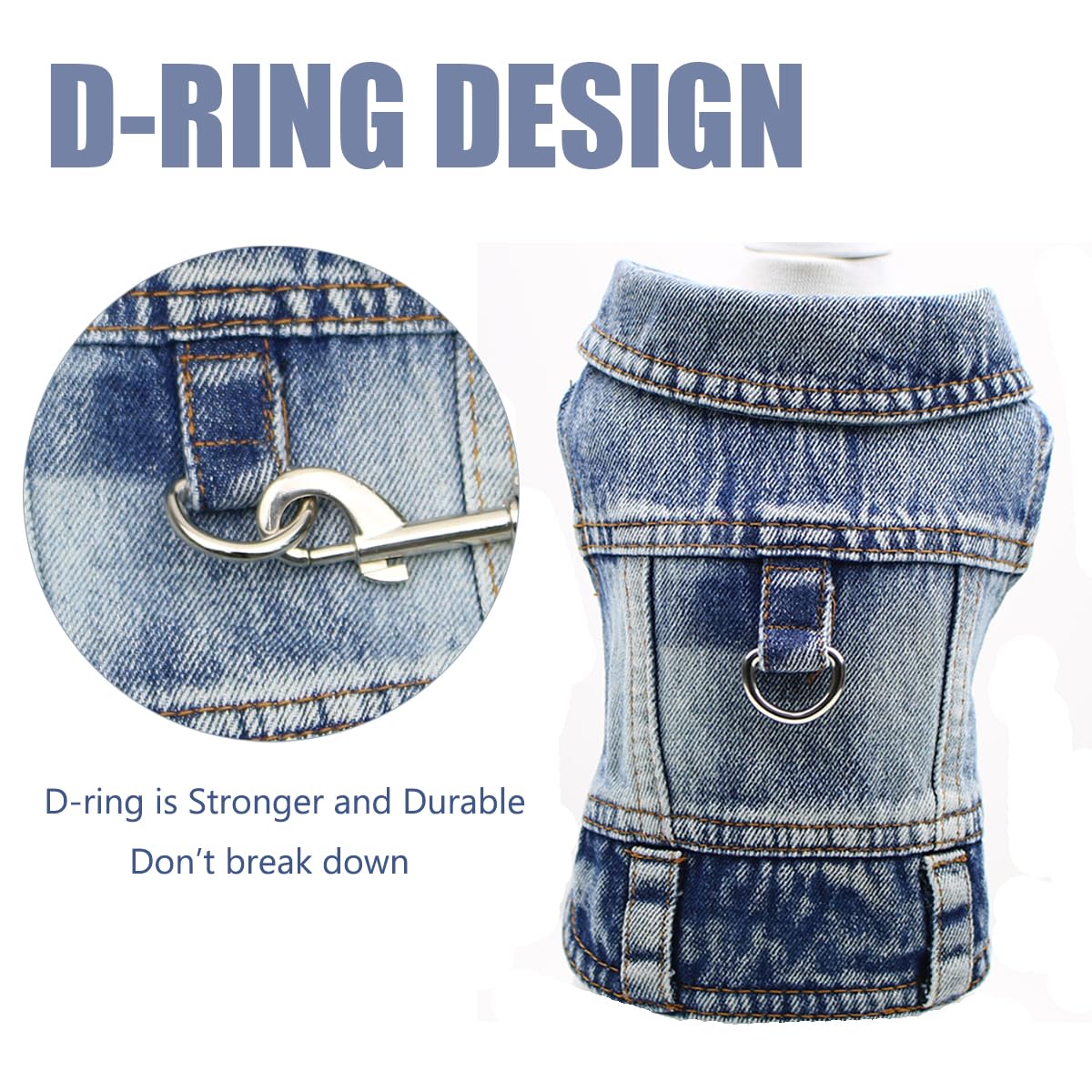 Dog Jeans Jacket Cool Blue Denim Coat For Small Medium Girl Boy Dogs Puppy Clothes Comfort Lapel Harness Vest With D-Ring For Le