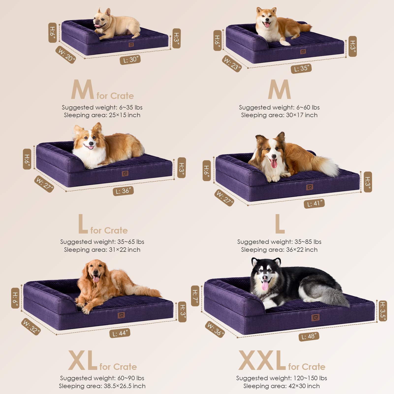 Eheyciga Memory Foam Large Dog Bed, Orthopedic Dog Beds For Large Dogs, Waterproof Egg Crate Dog Couch Bed With Washable Removable Cover And Non-Slip Bottom, L Shaped Dog Bed, Purple