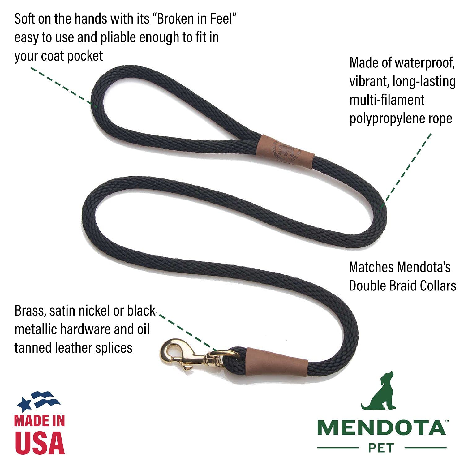 Mendota Pet Snap Leash - Made In The Usa - Starbright, 1/2 In X 6 Ft