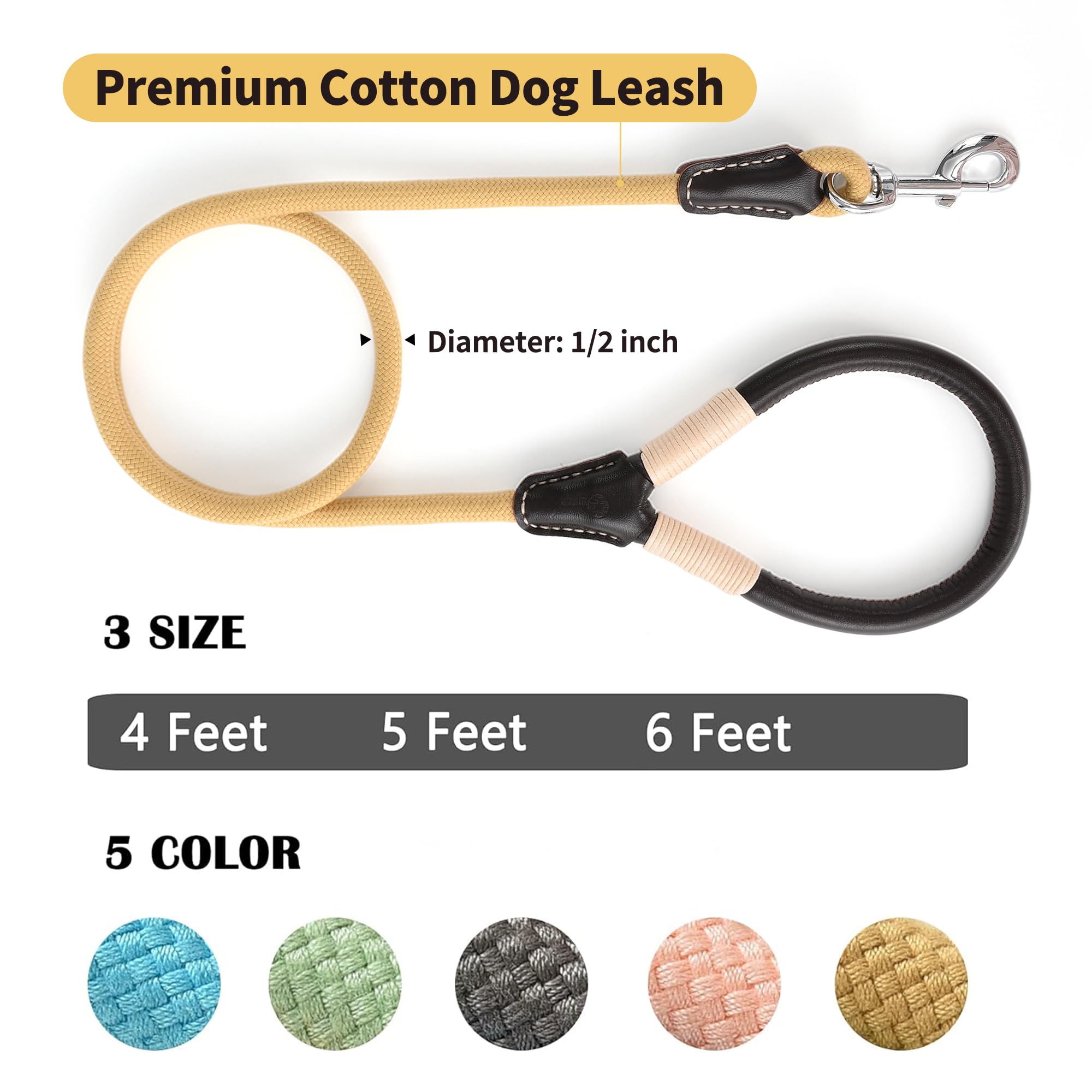 Mile High Life Genuine Leather Wrapped Handle Dog Leash, W Heavy Duty Clasp Rope Leash For Small Medium Large Dogs (Yellow, 5Ft)