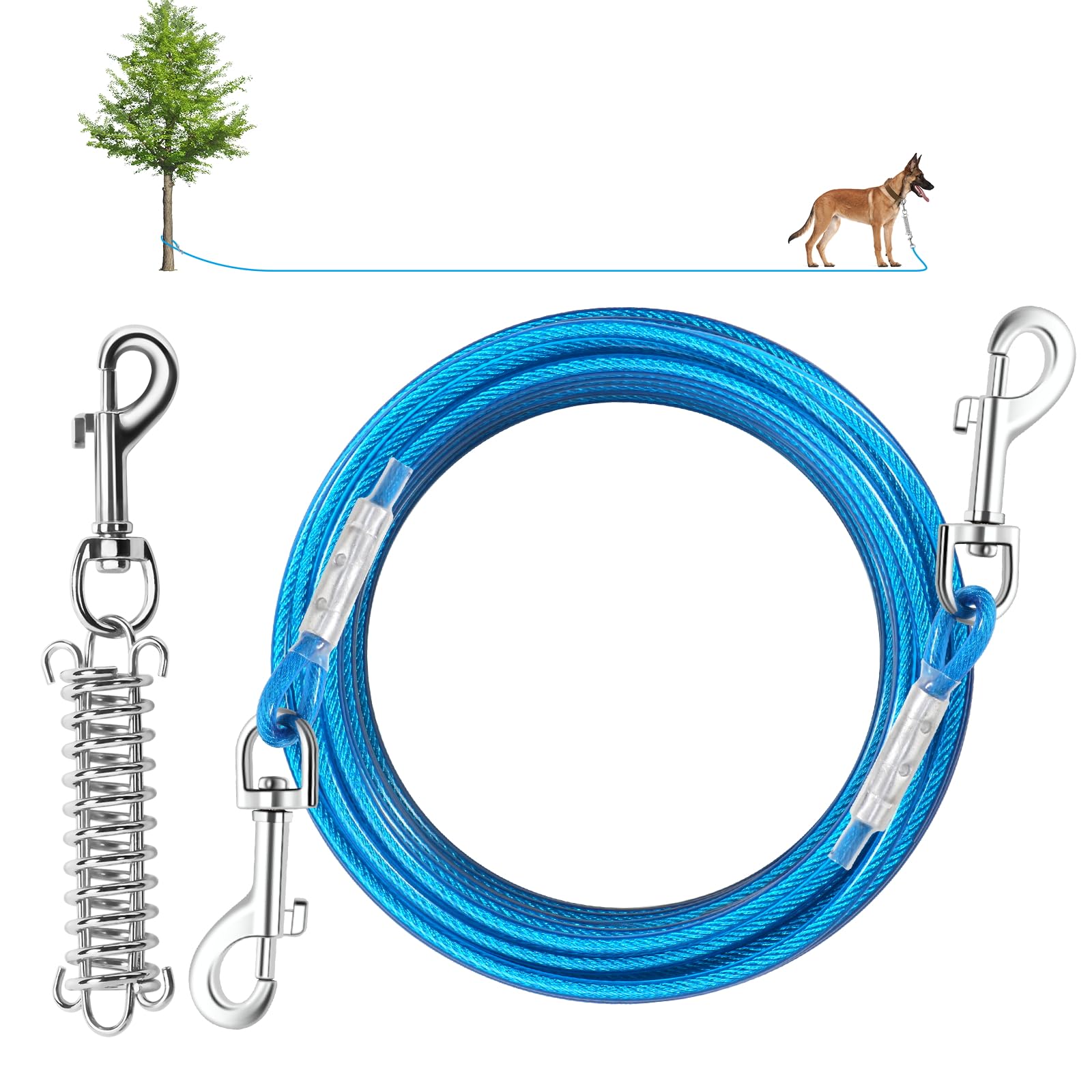 Dog Tie Out Cable, 50 Ft Heavy Duty Dogs Lead Cable With Detachable Shock Spring, Dog Runner Chains For Outside Yard Camping Hol