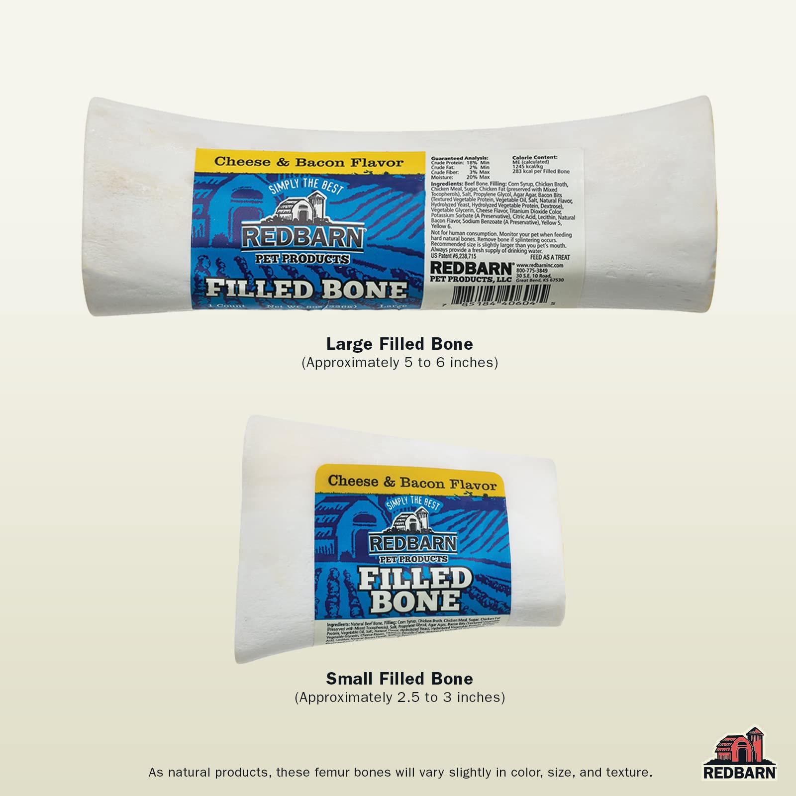 Redbarn Large Filled Dog Bones, Cheese & Bacon Flavor - Long Lasting Stuffed Femur Chew Treat Made in USA - 4 Count - Packaging
