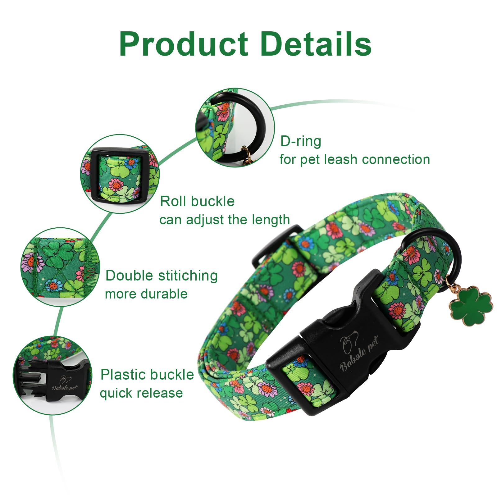 Babole Pet St Patricks Day Dog Collar, Lucky Clovers Dog Collar with Quick Release Plastic Buckle, Cute Shamrock Dog Collars for