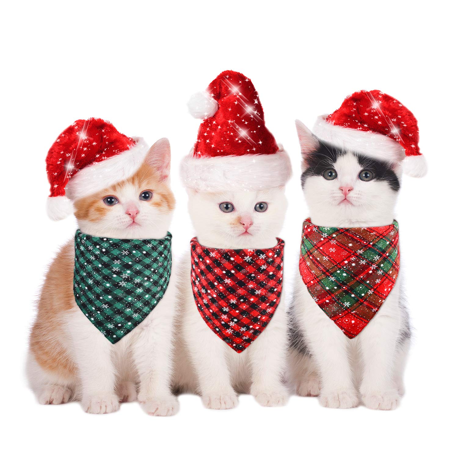 Syhood 3 Pieces Christmas Pet Bandanas Red Green Buffalo Plaid Snowflake Dog Bandanas Pet Bibs Triangle Scarf Accessories Adjustable Kerchief For Christmas Pet Costume