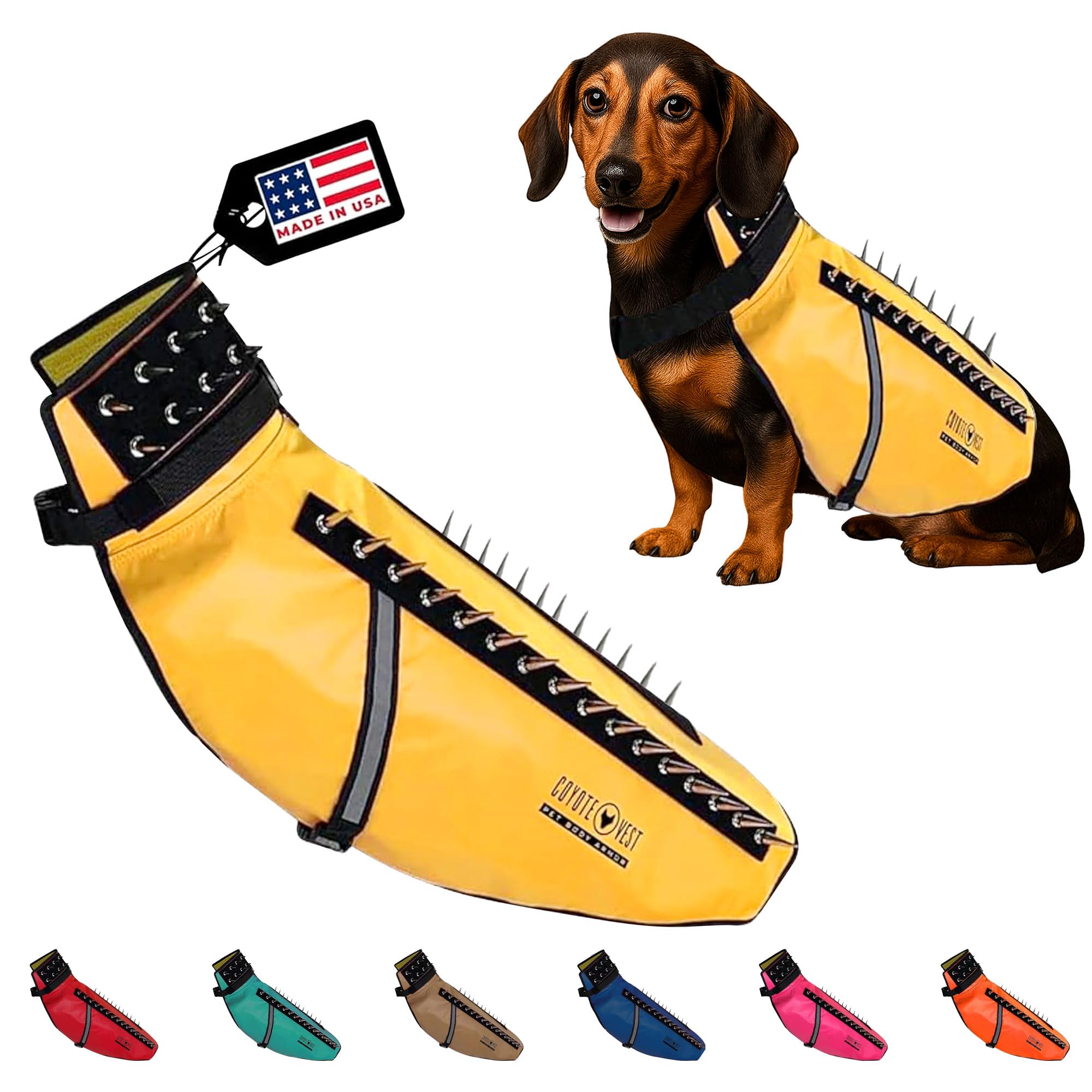 CoyoteVest Dog Harness Protection Vest, Reflective Dog Accessories with Spikes to Shield Your Pet from Raptor and Animal Attacks, Proudly Made in America (Large, Yellow) -Like New