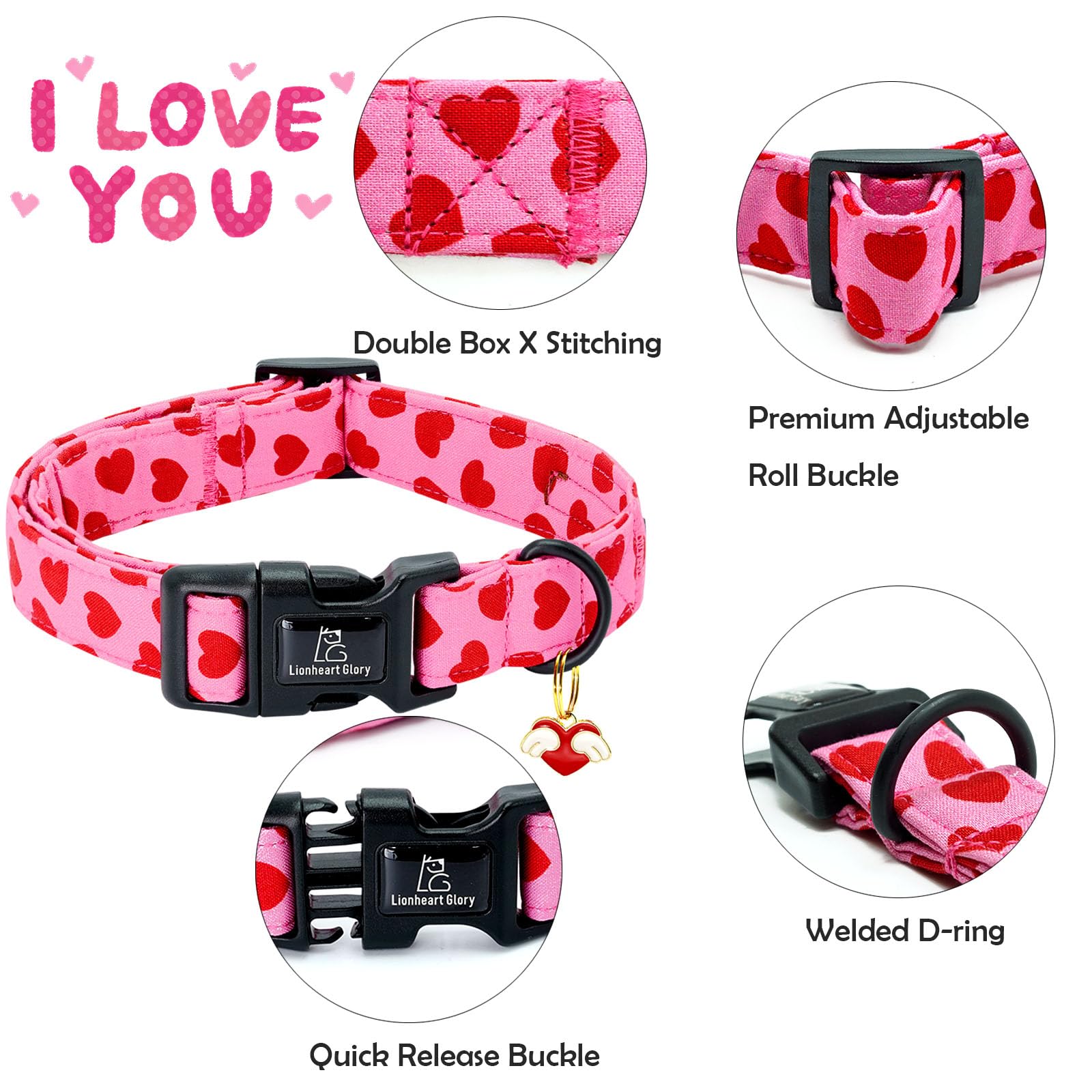 Lionheart Glory Valentine Collar-Red Hearts Dog Collar For Large Cute Pink Dog Collars Spring Female Male Pet Gift Adjustable He