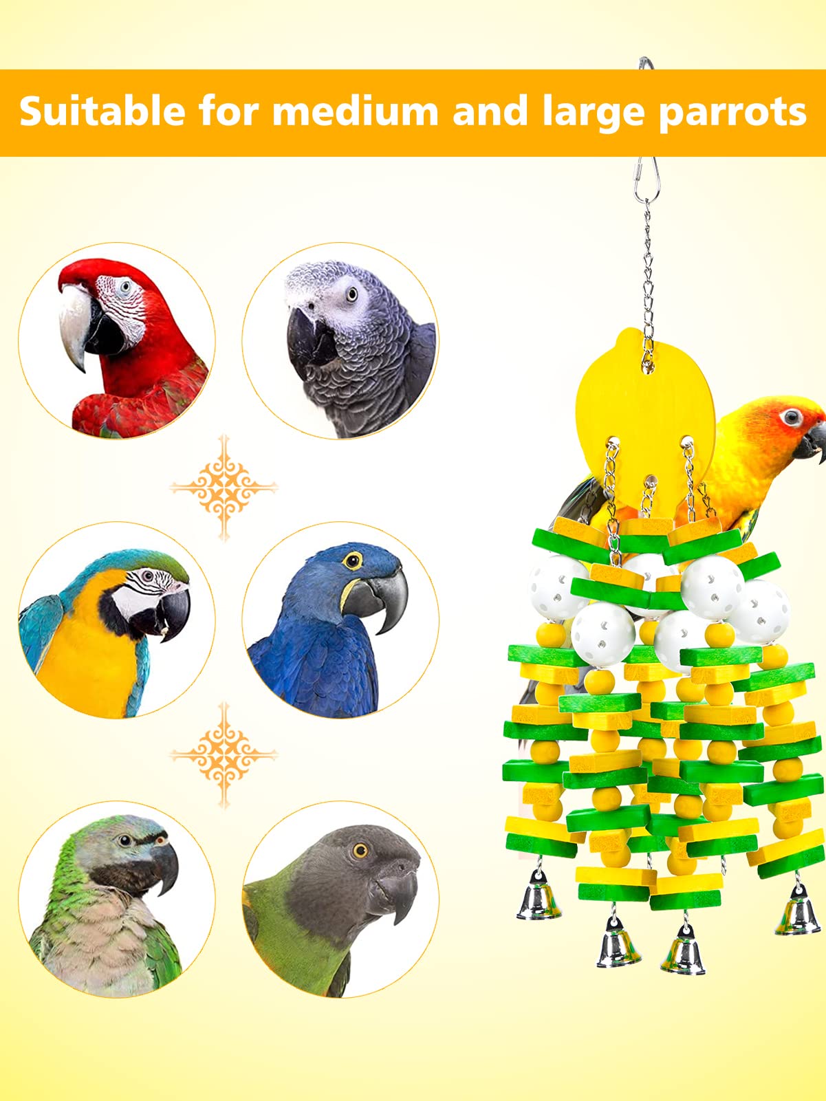 Mewtogo Parrot Toys, Safe Healthy Parrots Cage Chewing Toy With Colorful Wood Blocks Crisp Bells For Macaws African Grey And Ama