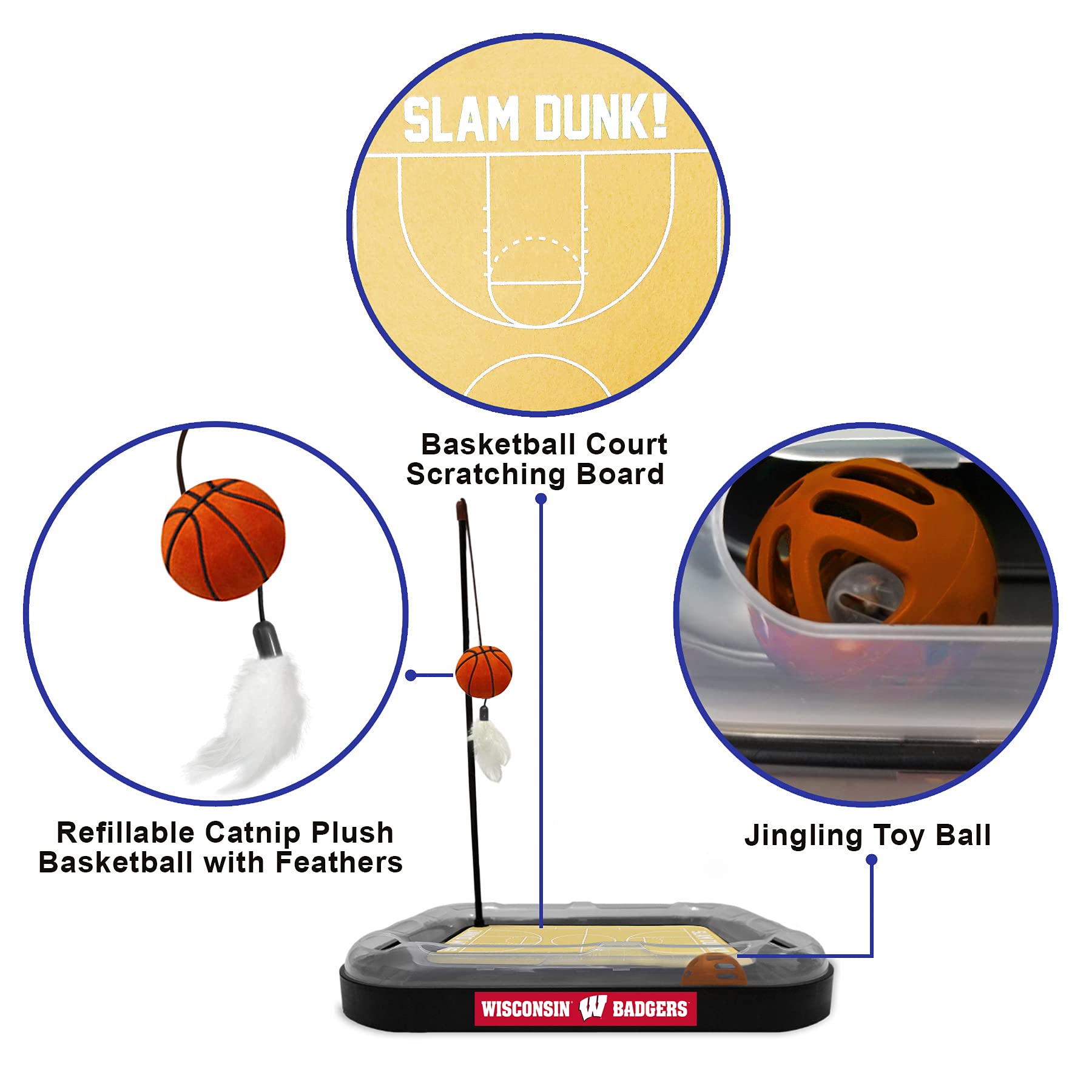 Ncaa Wisconsin Badgers Basketball Court Reversible Felt/Cardboard Cat Scratcher Toy With Interactive Cat Ball Bell Tracker - 6-I
