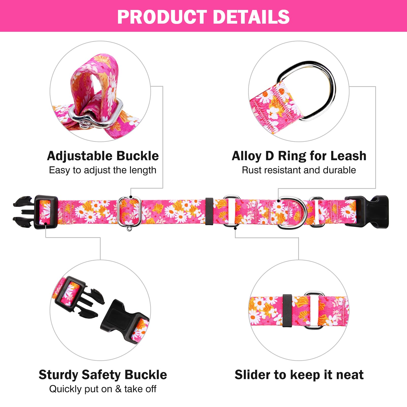 Hikiko Martingale Collar For Dogs Cute Floral Dog Collar For Small Medium Large Dogs Spring Summer Daisy Dog Collars For Girl Fe