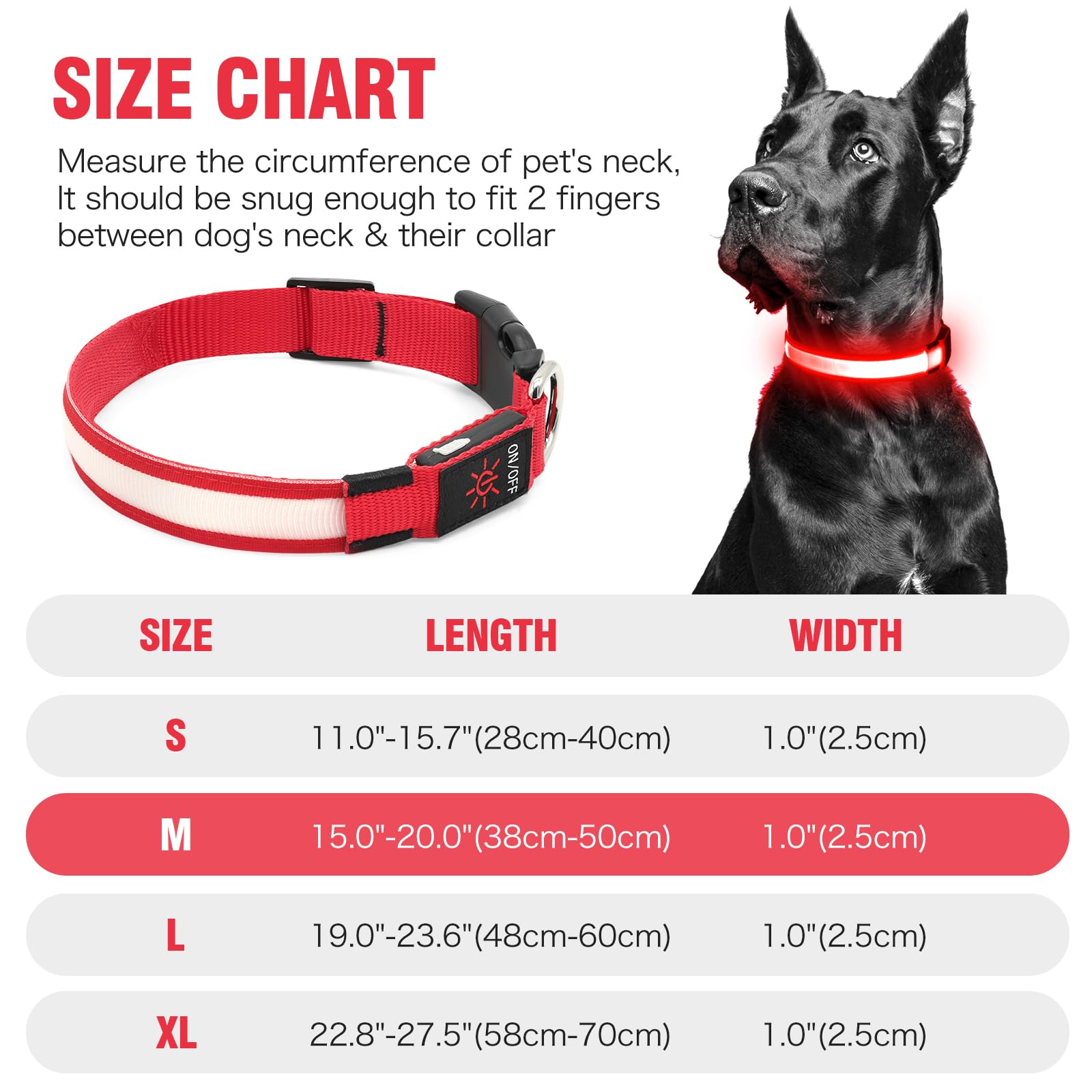 Illumifun Led Dog Collar, Usb Rechargeable Light Up Dog Collars, Flashing Safety Dog Collar Glow In The Dark (Red, Medium)