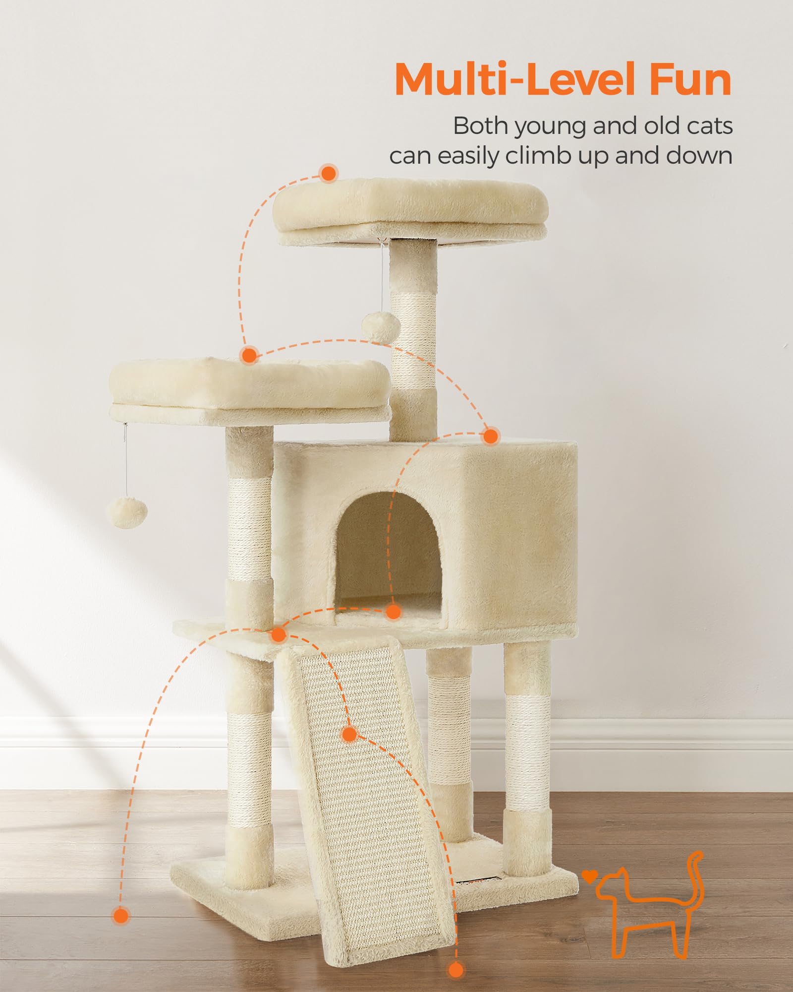 Feandrea Cat Tower, 45.3-Inch Cat Condo With Scratching Post, Ramp, Perch, Spacious Cat Cave, For Kittens, Elderly Cats, Adult C