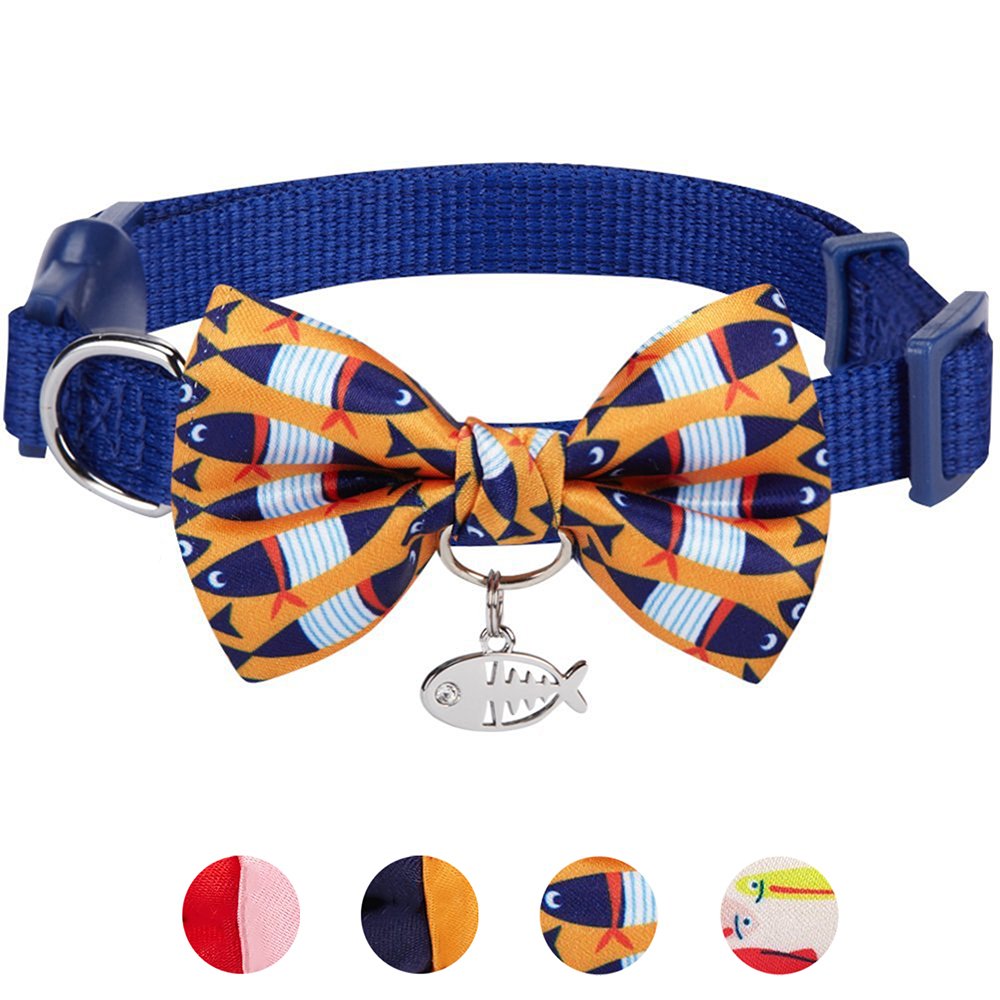 Blueberry Pet Timeless Navy Blue Cat Collar With Bells, Chic Fish Print, Handmade Bow Tie, Christmas Cat Collar, Adjustable 9'-13', Eco-Friendly, Preciosa Crystal, Gift For Cat Lovers