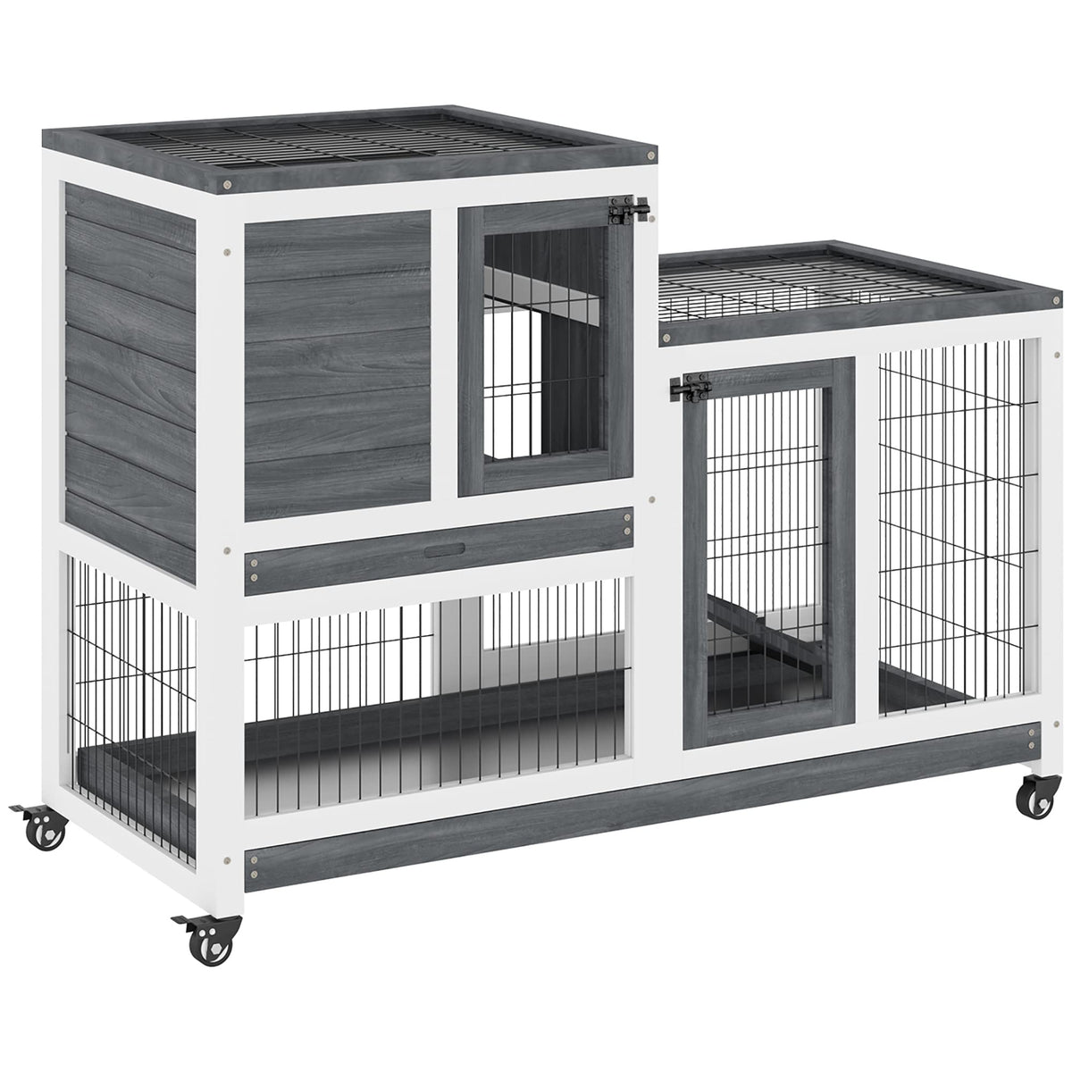 Pawhut Indoor Wooden Rabbit Hutch Guinea Pig Cage With Wheels For Small Pets, Bunny Stuff, 2 Tier With Open Area Ramp And 2 Removable Trays 110 X 50 X 86 Cm Grey