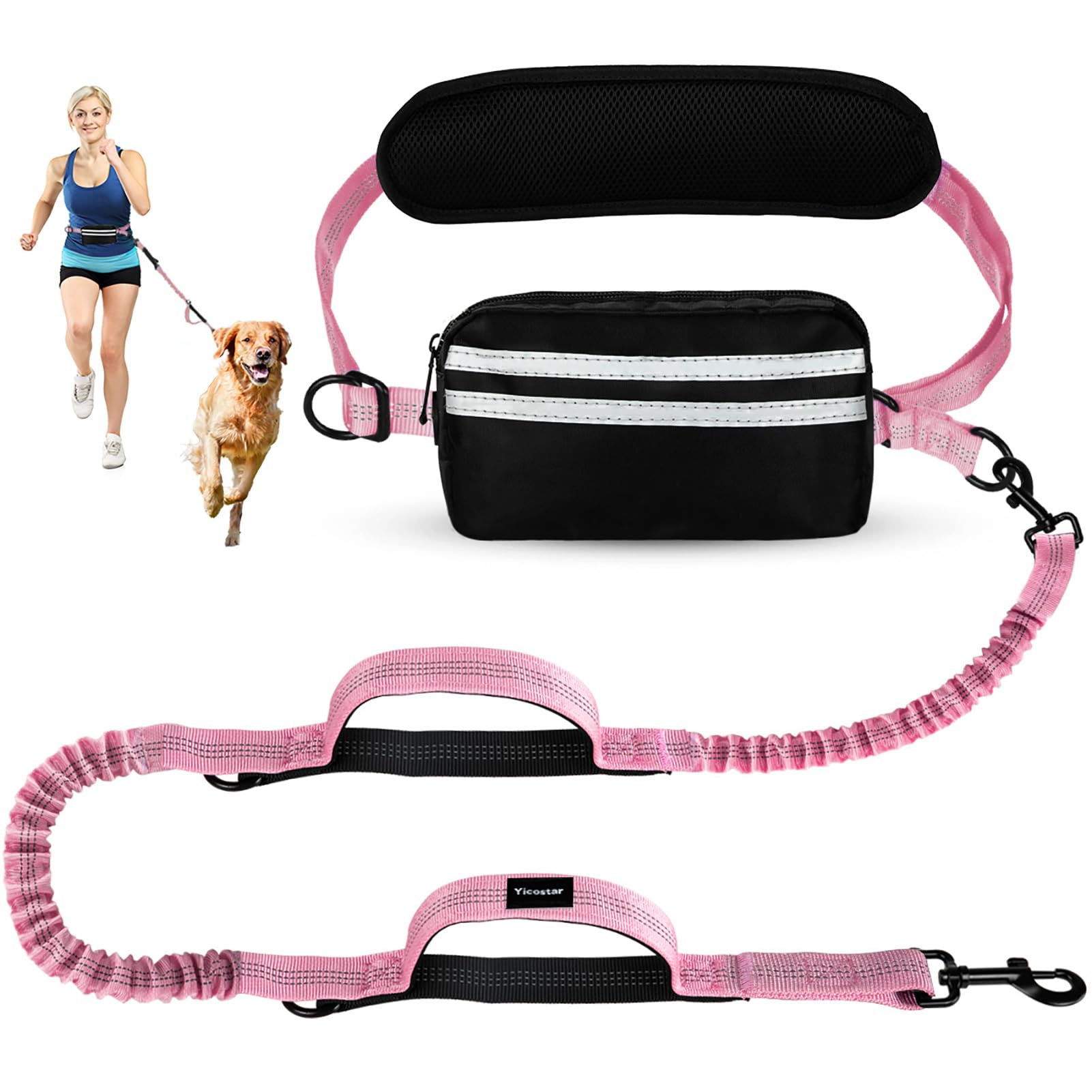 Yicostar Hands Free Dog Leash, Adjustable Waist Belt With Double Padded Handles, Retractable Bungee For Medium & Large Dogs, Wai