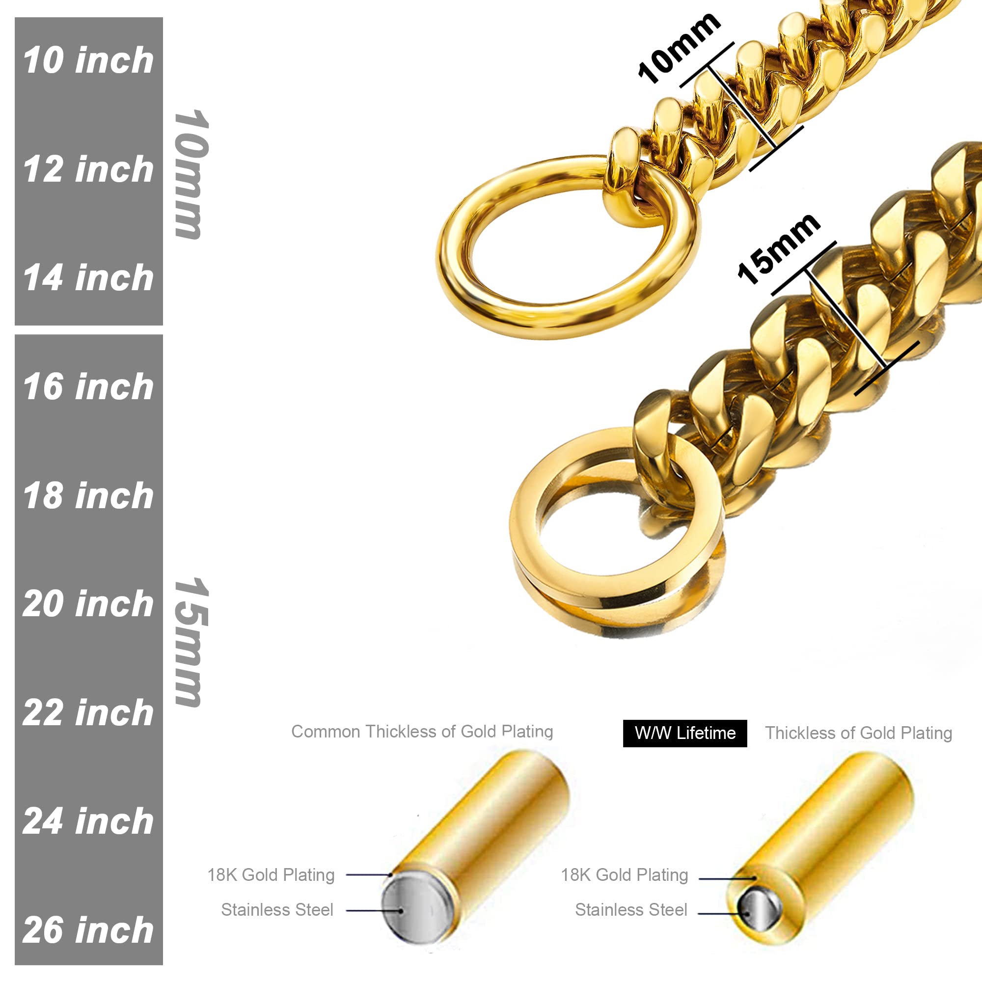 Loveshine Chain Dog Collar 18K Gold Cuban Link Dog Chain 15Mm 10Mm Thick Chain Collar Metal Stainless Steel Heavy Duty Slip Dog