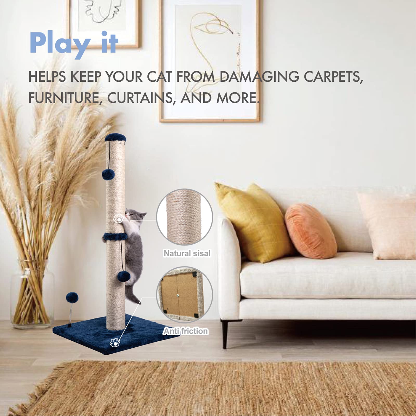 MECOOL 34 Tall Cat Scratching Post Premium Basics Kitten Scratcher Sisal Scratch Posts Trees with Hanging Ball for Indoor Cats,