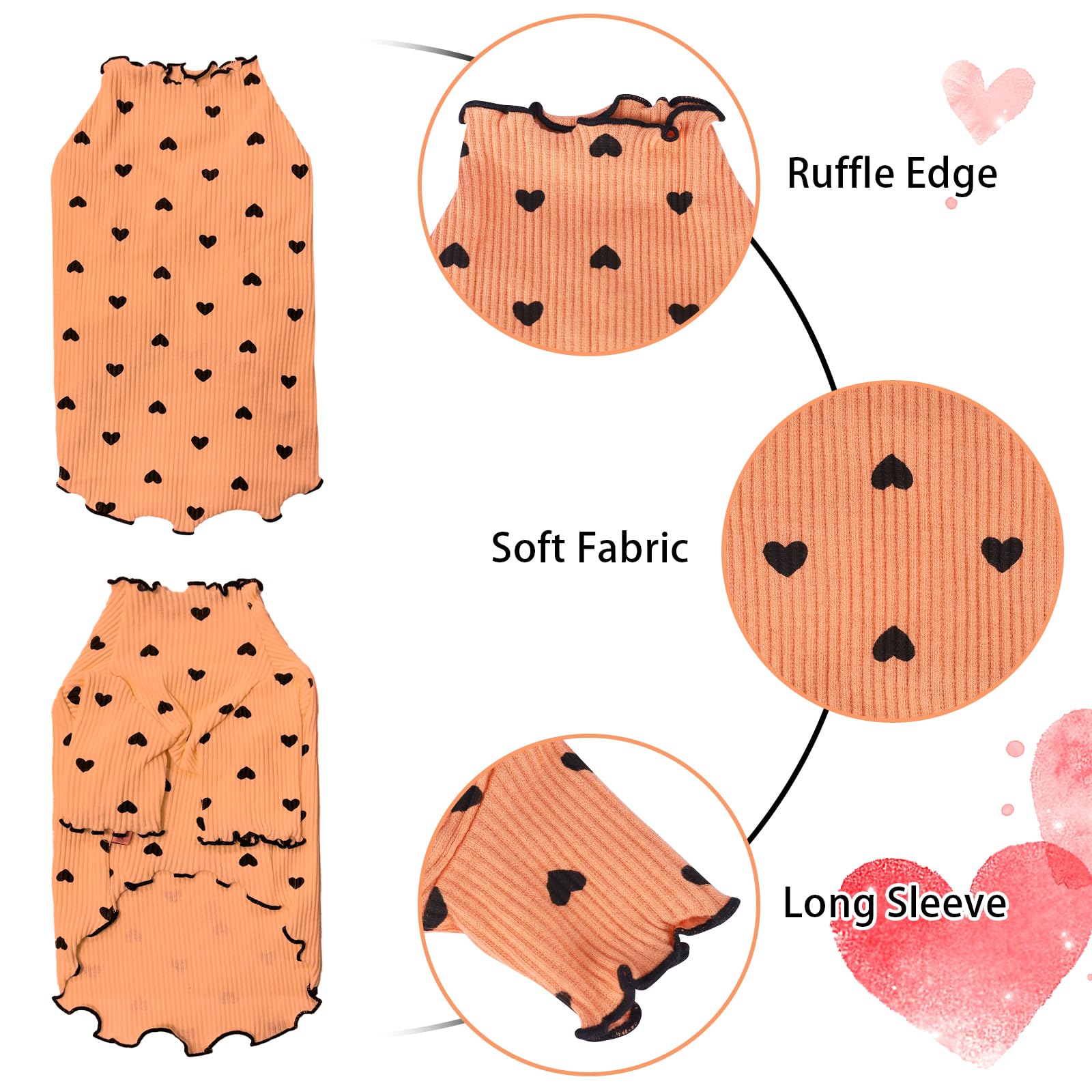 Yaopelky Pet Clothes For Small Dogs Cat Summer Fall Heart Print Shirt Stretchable Ruffle Long Sleeve Outfits For Chihuahua Schna