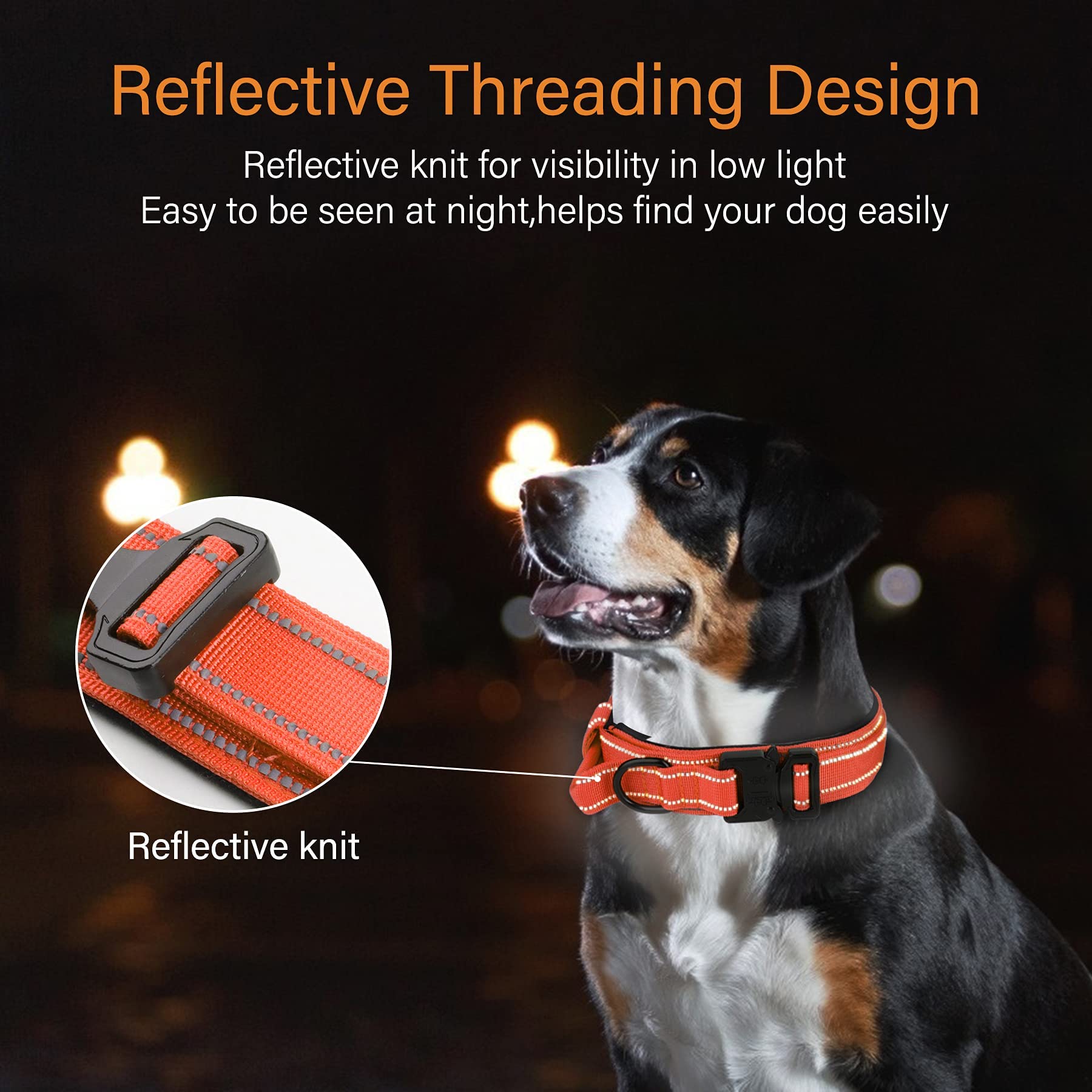 Tactical Dog Collar- Kcucop Military Dog Collar With Reflective Collar And American Flag Patch With Handle Heavy Duty Metal Buckle 1.5' Width Nylon Thick Adjustable K9 Collar(Orange Reflective-Xl)