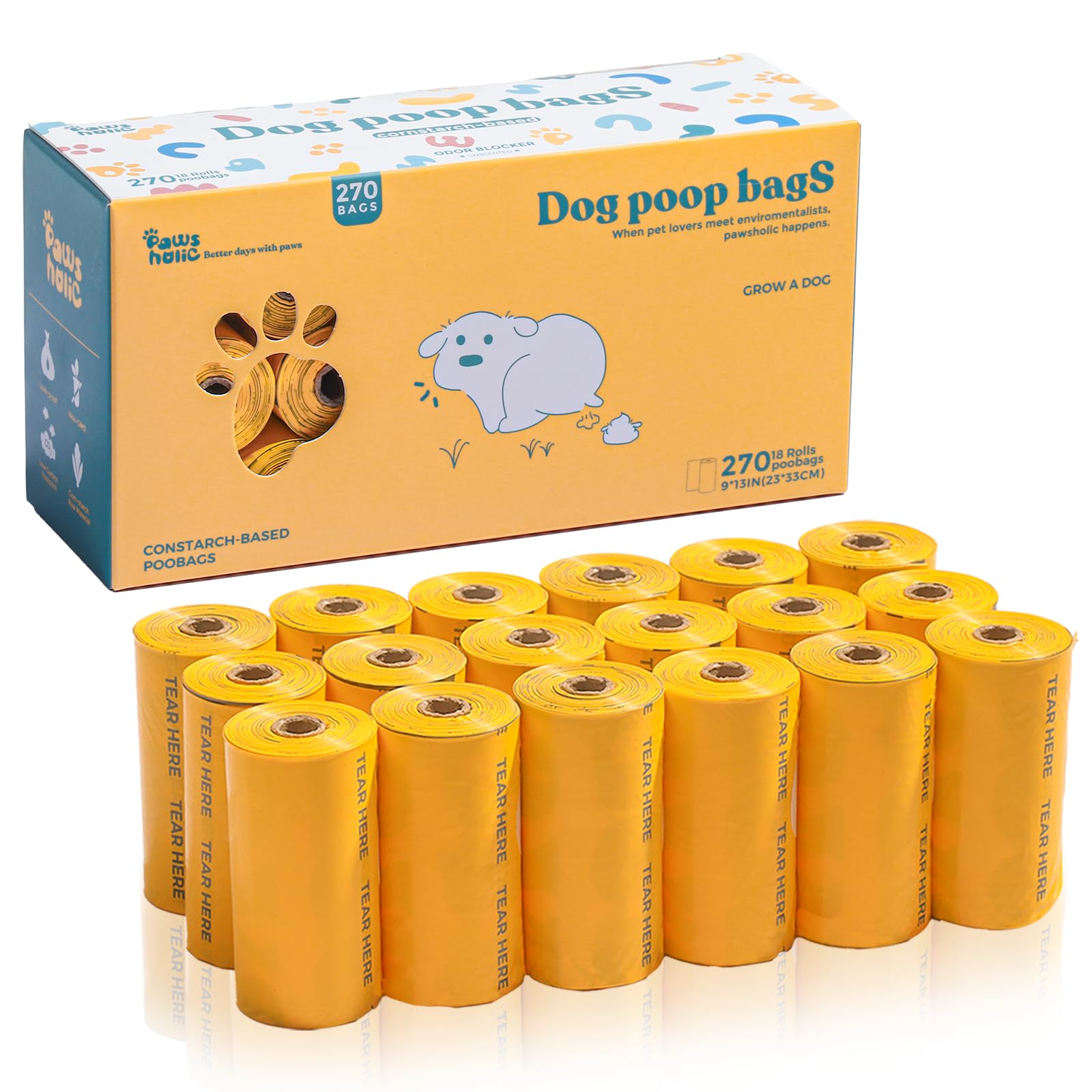 Dog Poop Bags Rolls Cornstarch Based Thickened Leak Proof Dog Waste Bags -270 Count 18 Rolls - Doggie Poop Bag for Puppy and Big