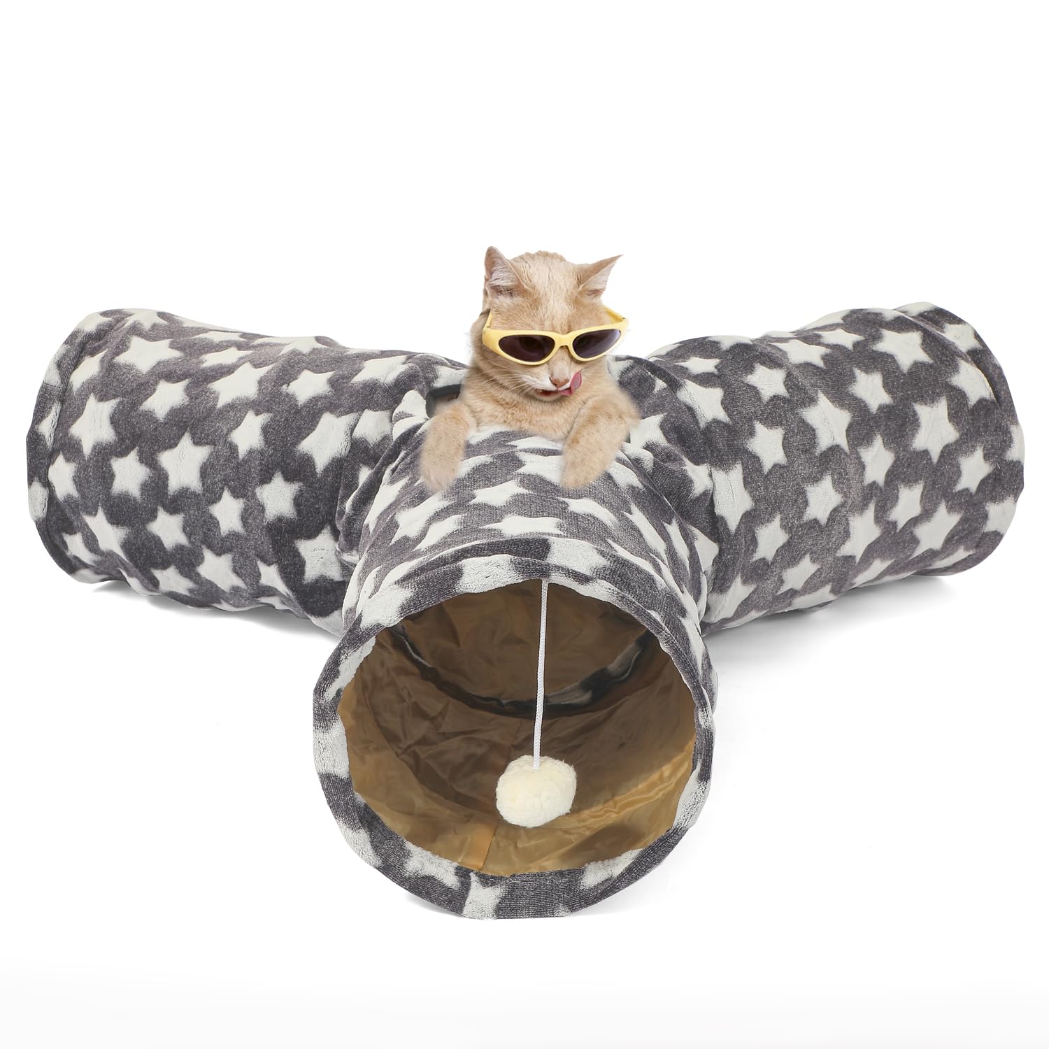 Luckitty Cat Tunnel Toy- 3 Way-Shaped, Gray Star Pattern, Soft Velvet Exterior, Oxford Fabric Fog-Proof Interior, Plush Toy Ball