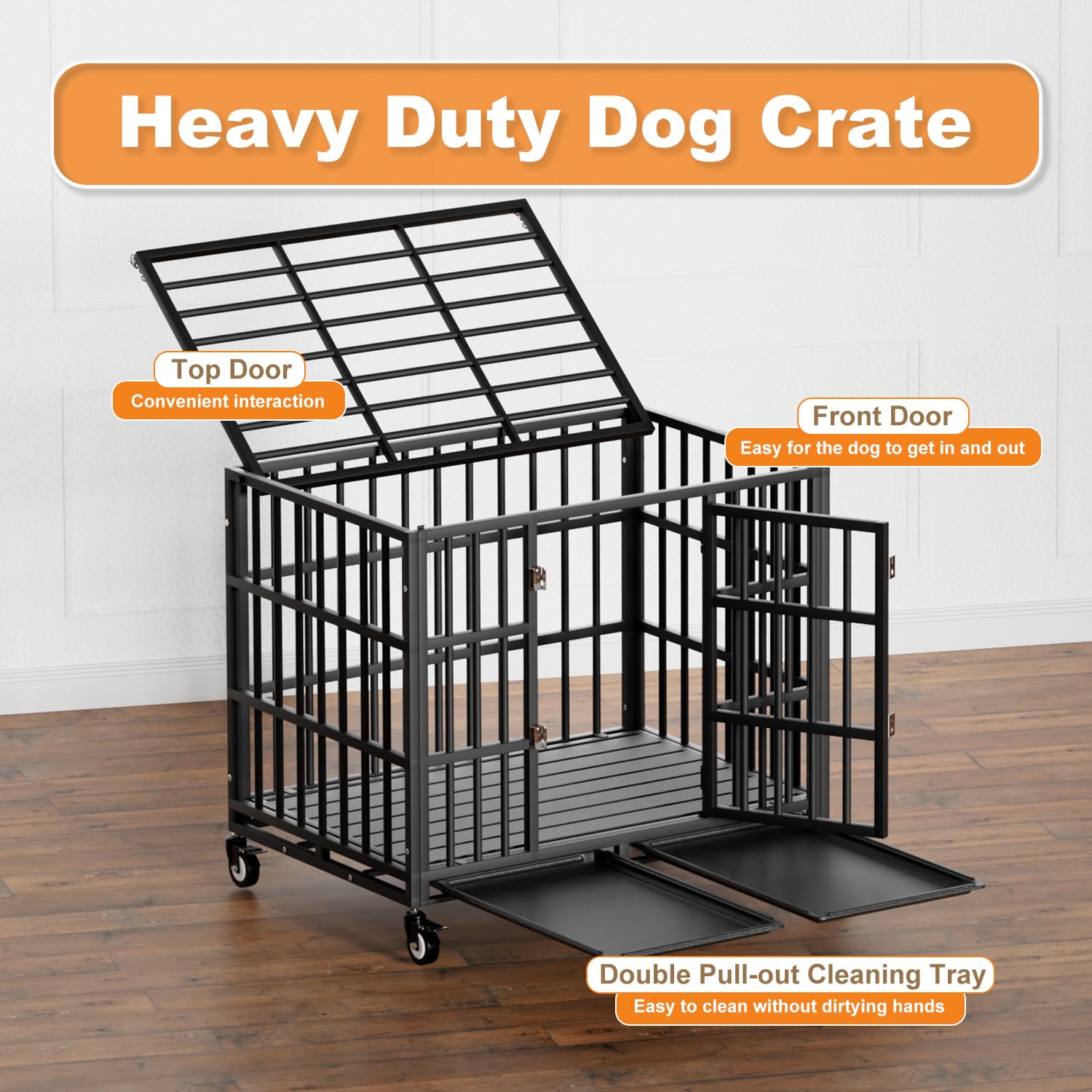 Hmhtct 38 Inch Heavy Duty Dog Crate With Wheels,Indestructible Escape-Proof Dog Kennel With Locking Latch And Double Door,Extra