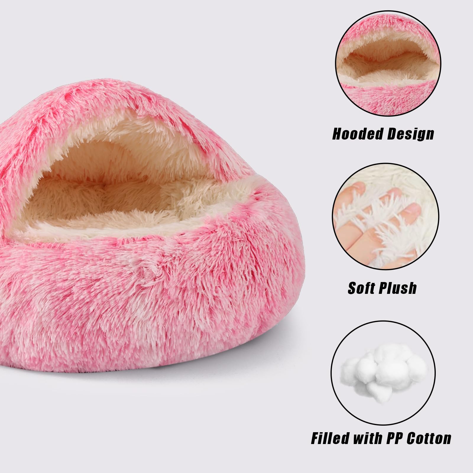 Round Hooded Cat & Dog Bed Cave, Faux Fur Cuddler - Donut Bed Fits Up To 5 Lbs Pets (Pink, 16'' X 16'')