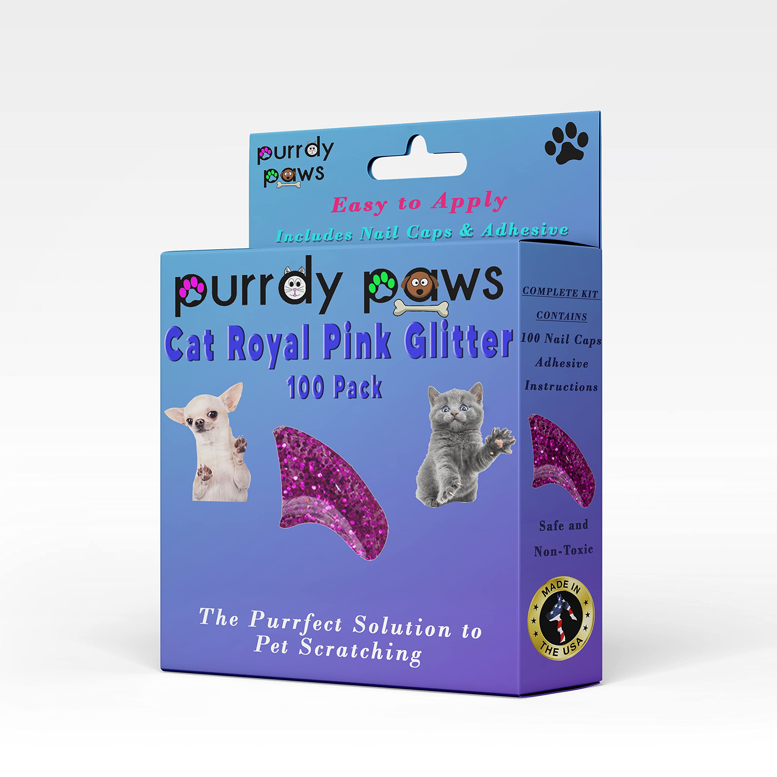 Purrdy Paws 100 Pack Soft Nail Caps For Cat Claws Royal Pink Glitter Small