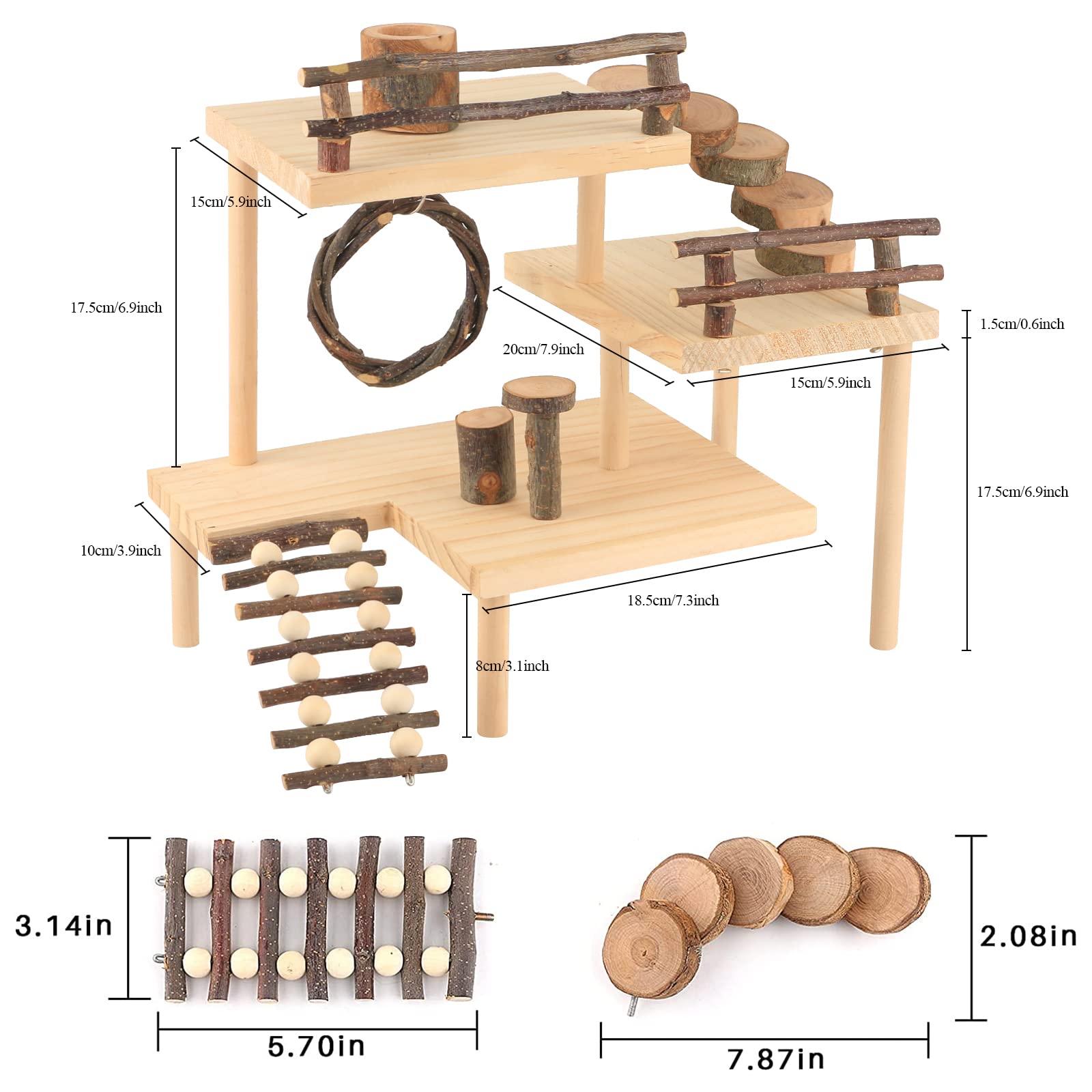 Hosukko Hamster Climbing Toys 3-Tier Extra Large Hamster Playground Natural Wooden Small Animal Platform Toys Hamster Exercise A