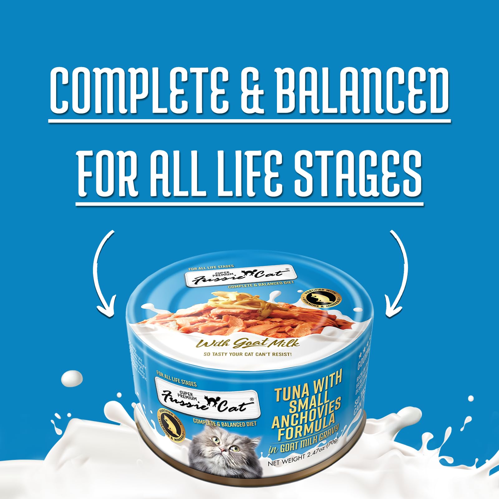 Fussie Cat Super Premium Canned Wet Cat Food in Goat Milk Gravy, 2.47 oz Cans, Case of 24 (Tuna & Small Anchovies)