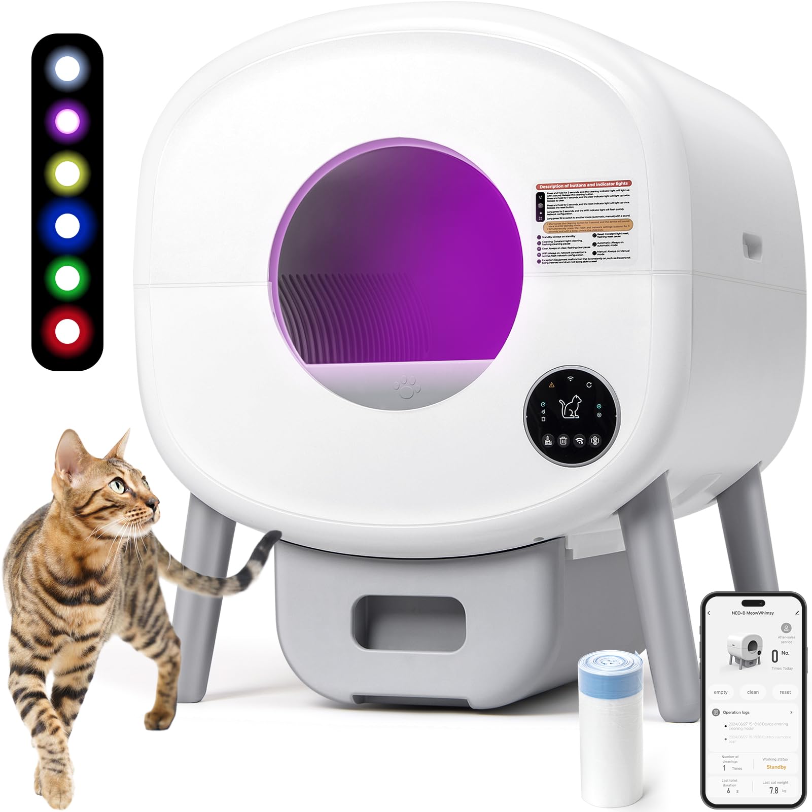 Fsitego Self Cleaning Cat Litter Box: Extra Large Automatic Litter Box For Multiple Cats, Odor-Free, App-Controlled, Ambient Lig