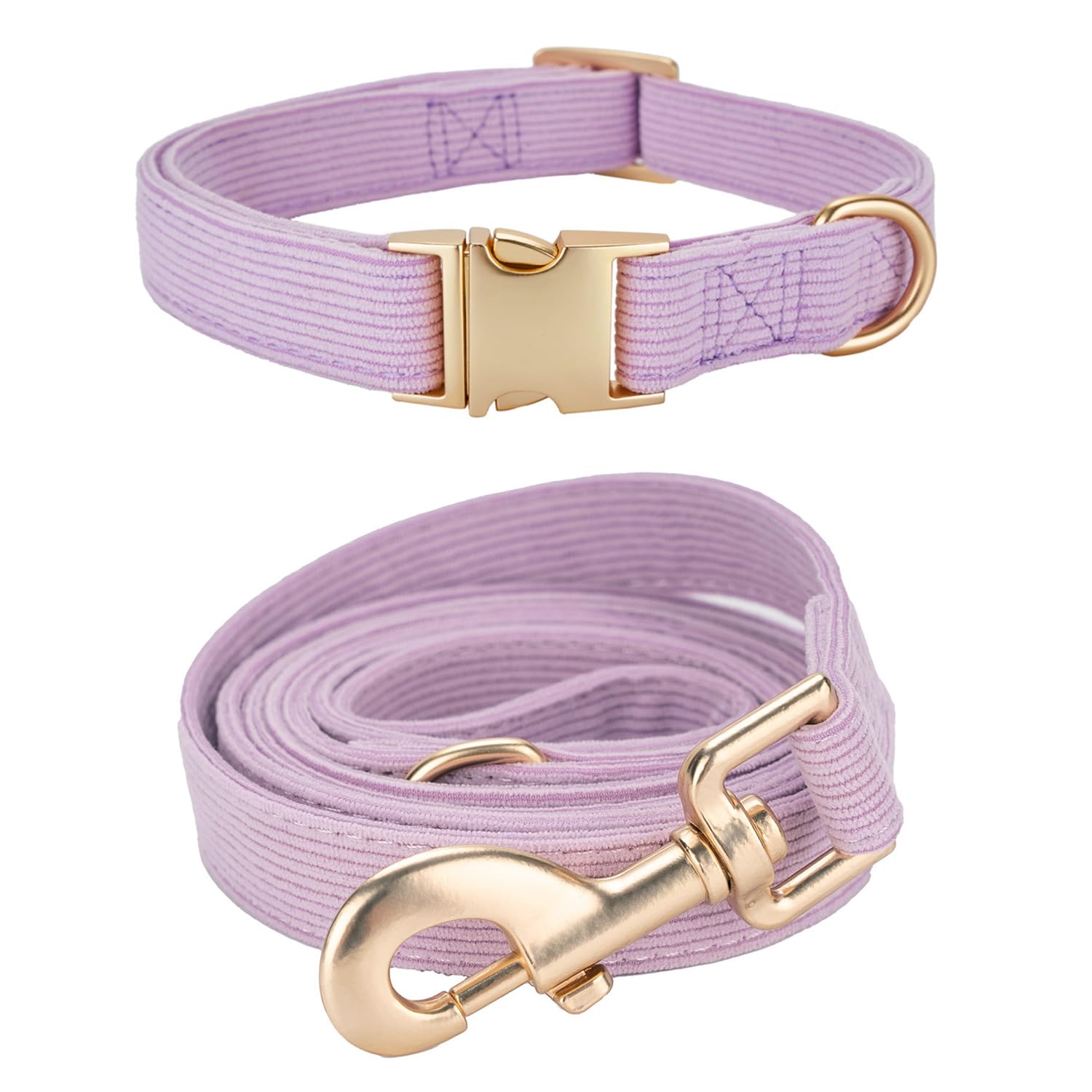 Ewinoom Soft Corduroy Dog Collar and Leash Set, Adjustable Cotton Dog Collars with Metal Buckle and Lead for Medium Dogs,Lilac