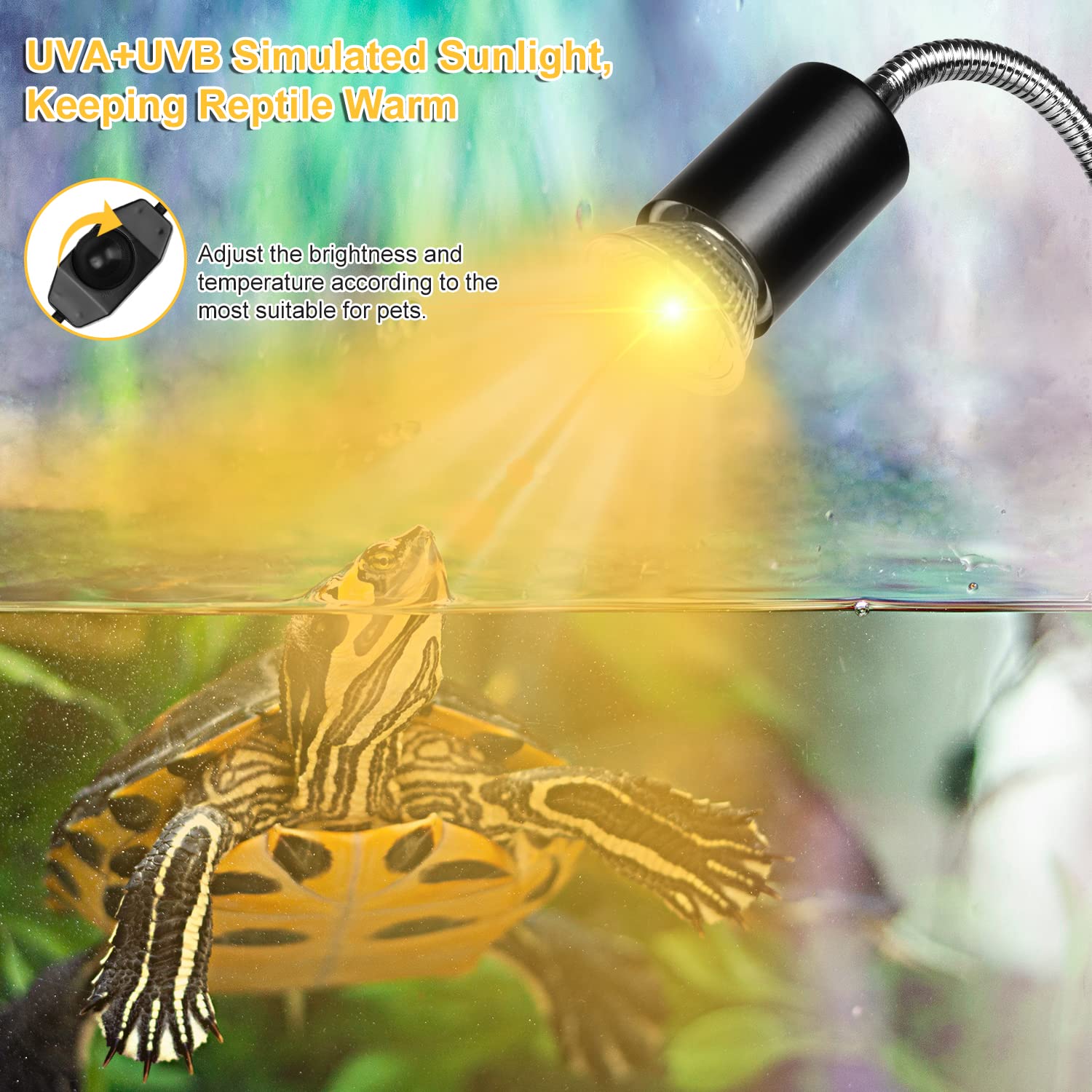 Reptile Heat Lamps, Turtle Lamp Uva/Uvb Turtle Aquarium Tank Heating Lamps With Clamp, 360° Rotatable Basking Lamp For Lizard Turtle Snake Aquarium Aquatic Plants With 2 Heat Bulbs (E27,110V)