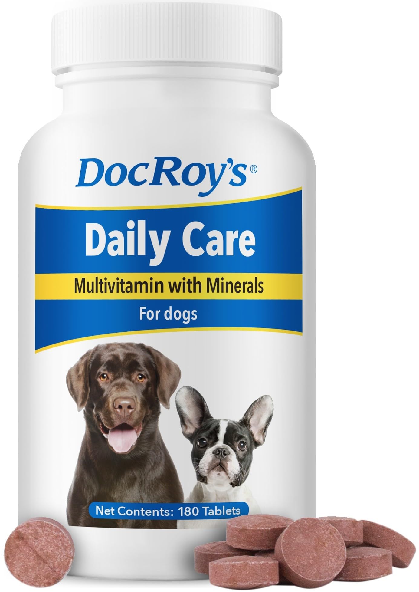 Doc Roys Daily Care Canine Multivitamin Supplement for Dogs, 180ct Chewable Tablets with 34 Essential Vitamins, Minerals, Omega 