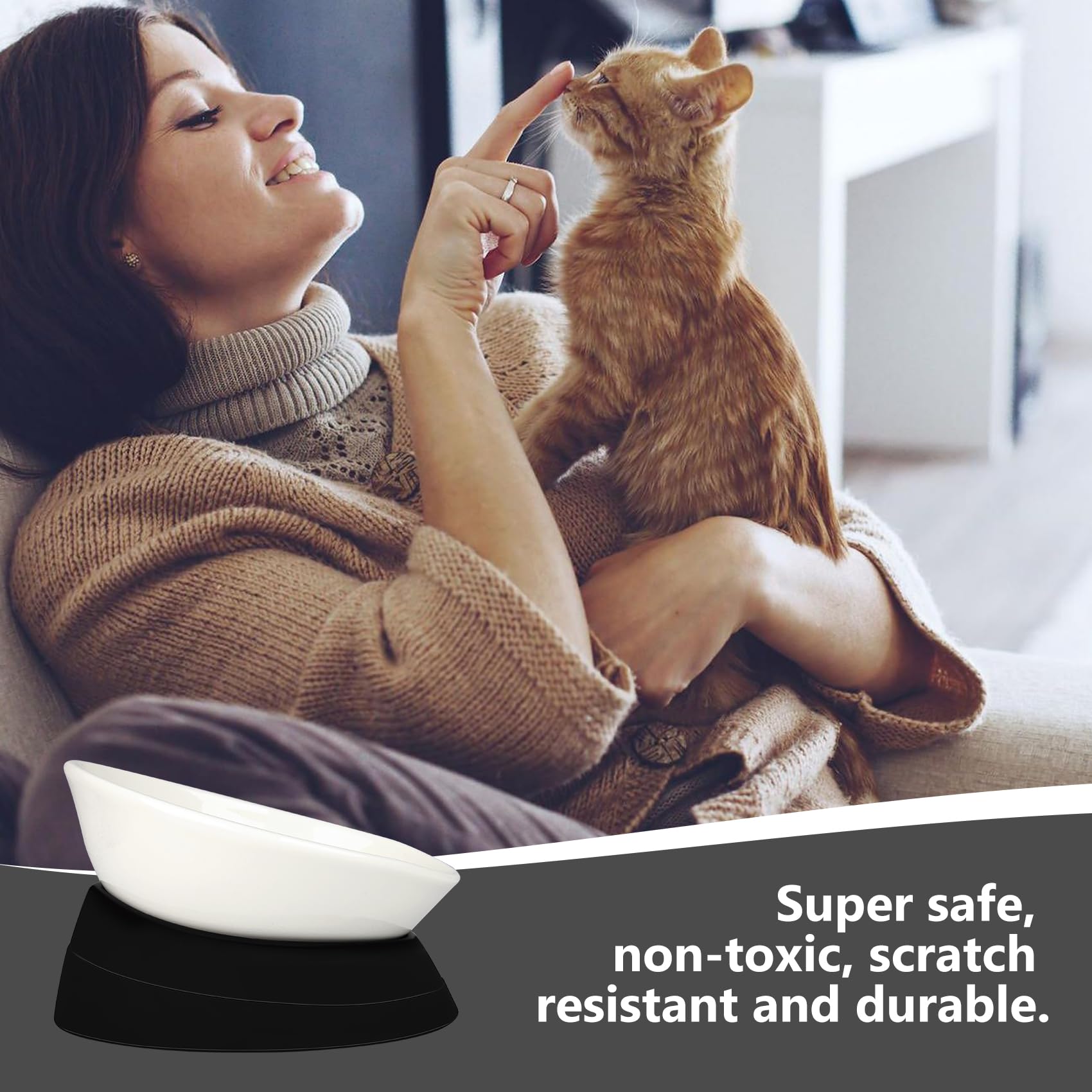 Bulldog Bowl Anti-Slip Dog Cat Dish Detachable Rubber Dog Bowl Pet Sterile Tilted Pet Feeder Slope Base (Black(White Ceramic Bow