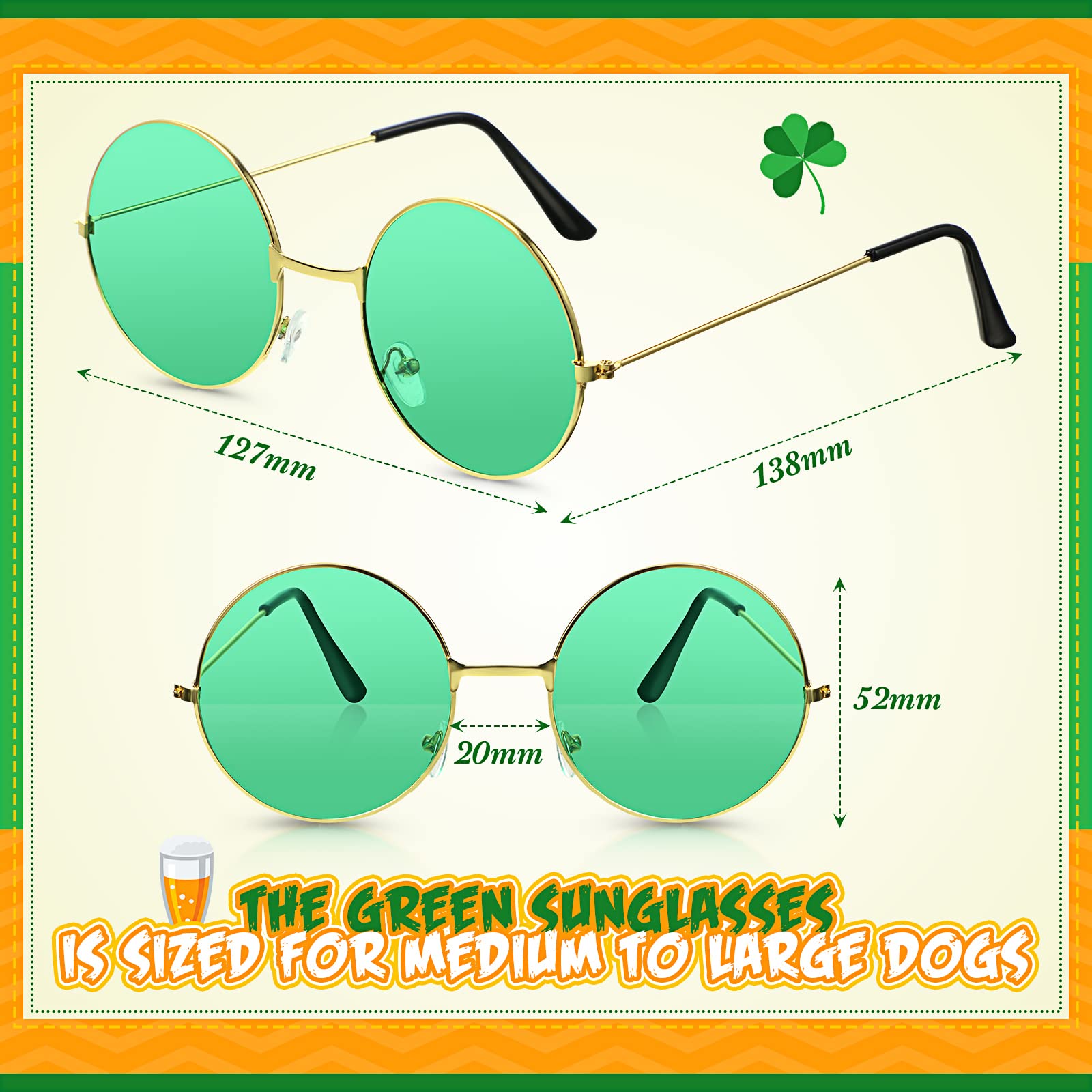 Yaomiao 3 Pcs St Patrick'S Day Dog Costume, St. Patty'S Day Doggie Headband Green Round Pet Sunglasses And Green Shamrock Bow Ti