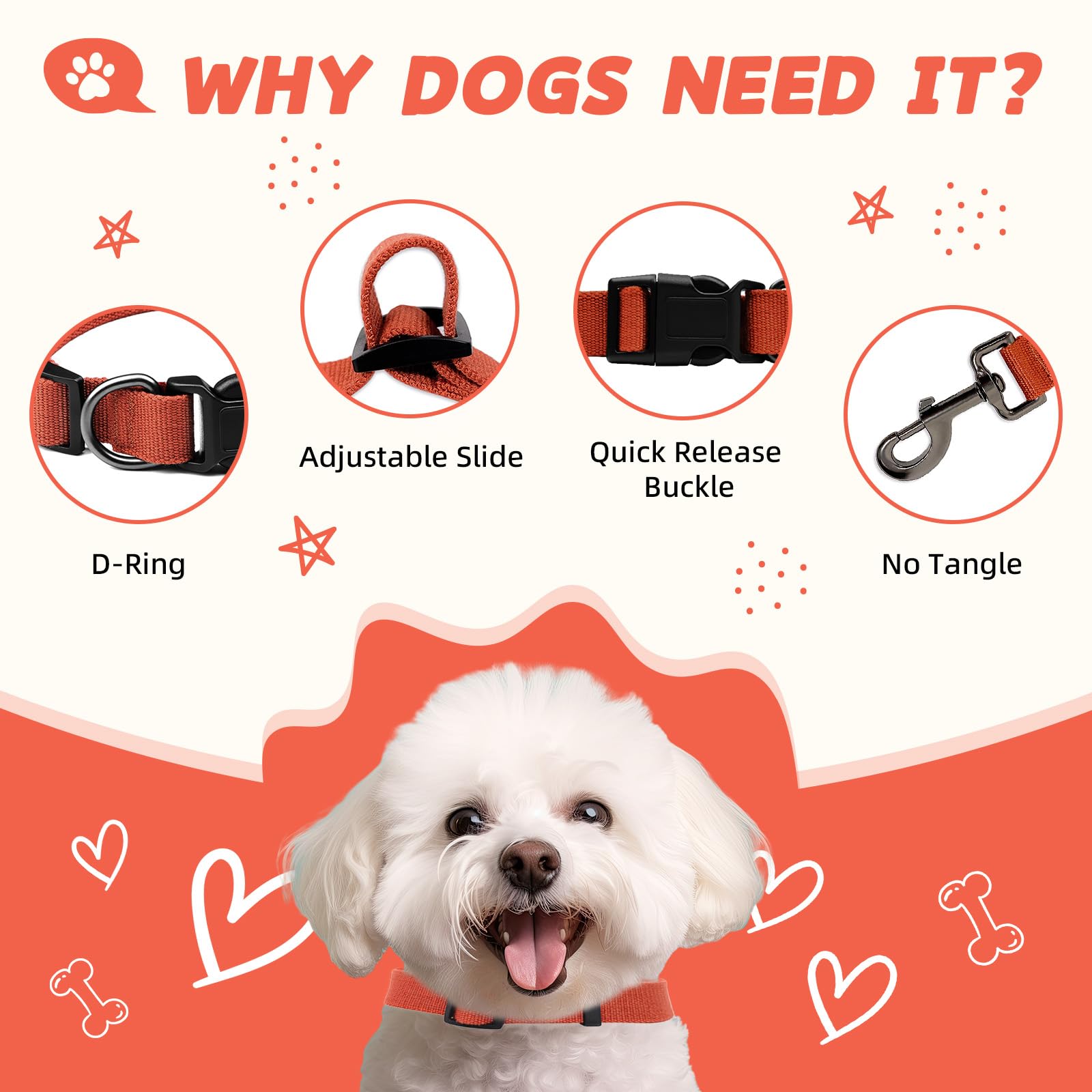 Orange Dog Collar And Leash Set For Large Dog, Breathable, Anti-Odor & Soft, Comfortable For Sensitive Skin Puppies, 90% Bamboo