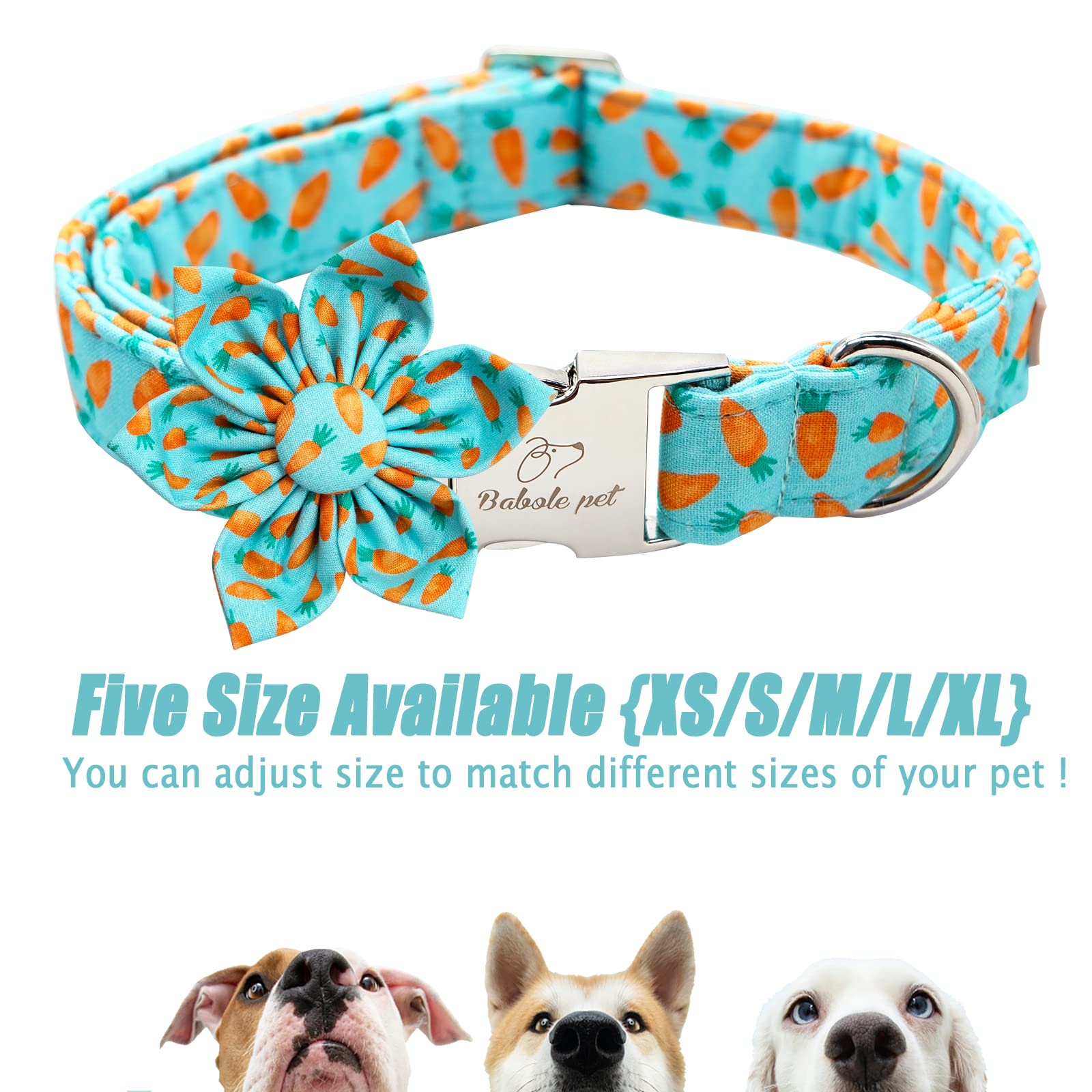Babole Pet Dog Collar Easter Gift With Flower Tie,Carrot Male Dog Collar With Safety Metal Buckle Adjustable Puppy Collars For Small Medium Large Boy & Girl Dog,S-Neck 10'-16'