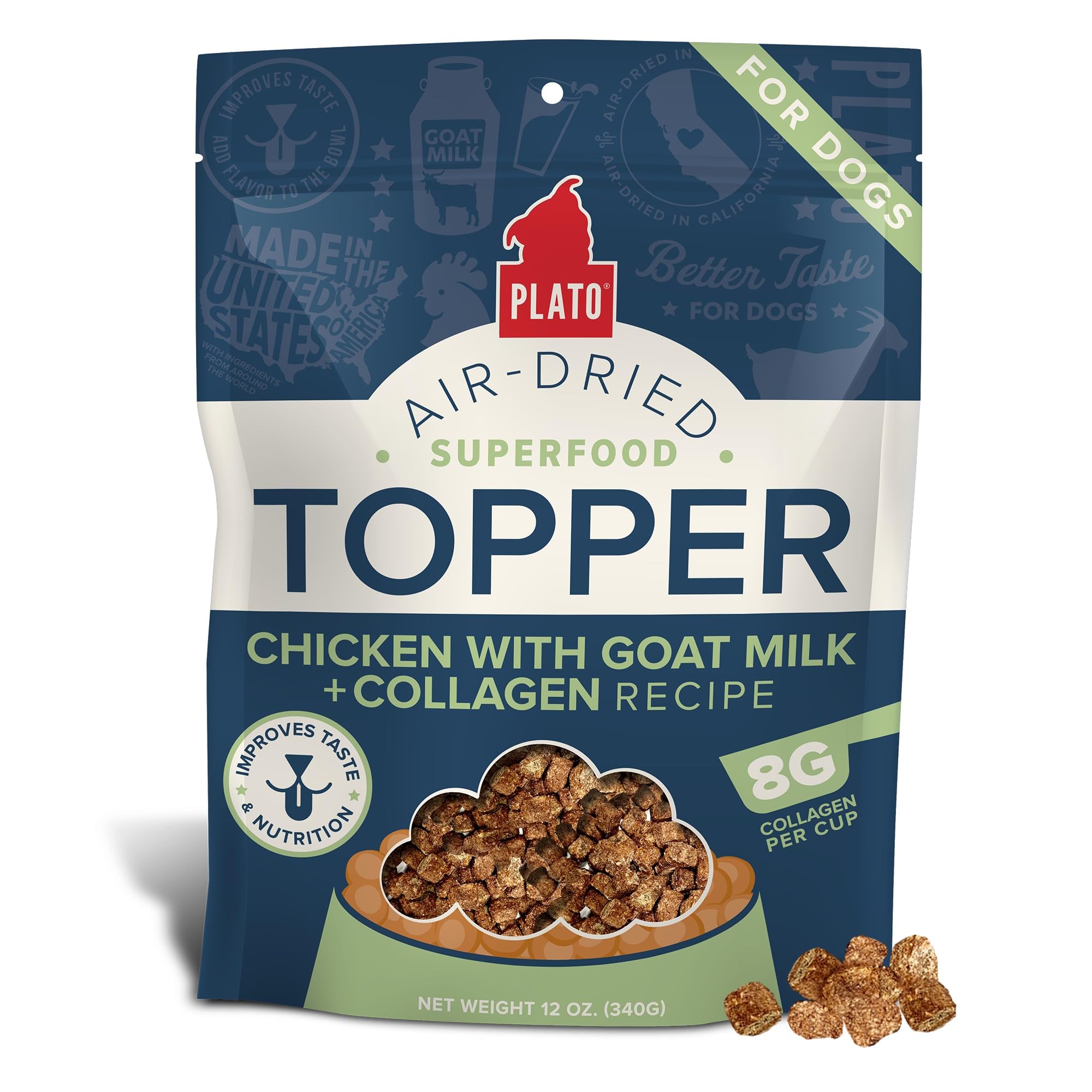 Plato Pet Treats Dog Food Toppers - Air-Dried Dog Food Toppers for Dry Food - with Collagen to Support Skin and Coat Health - Go