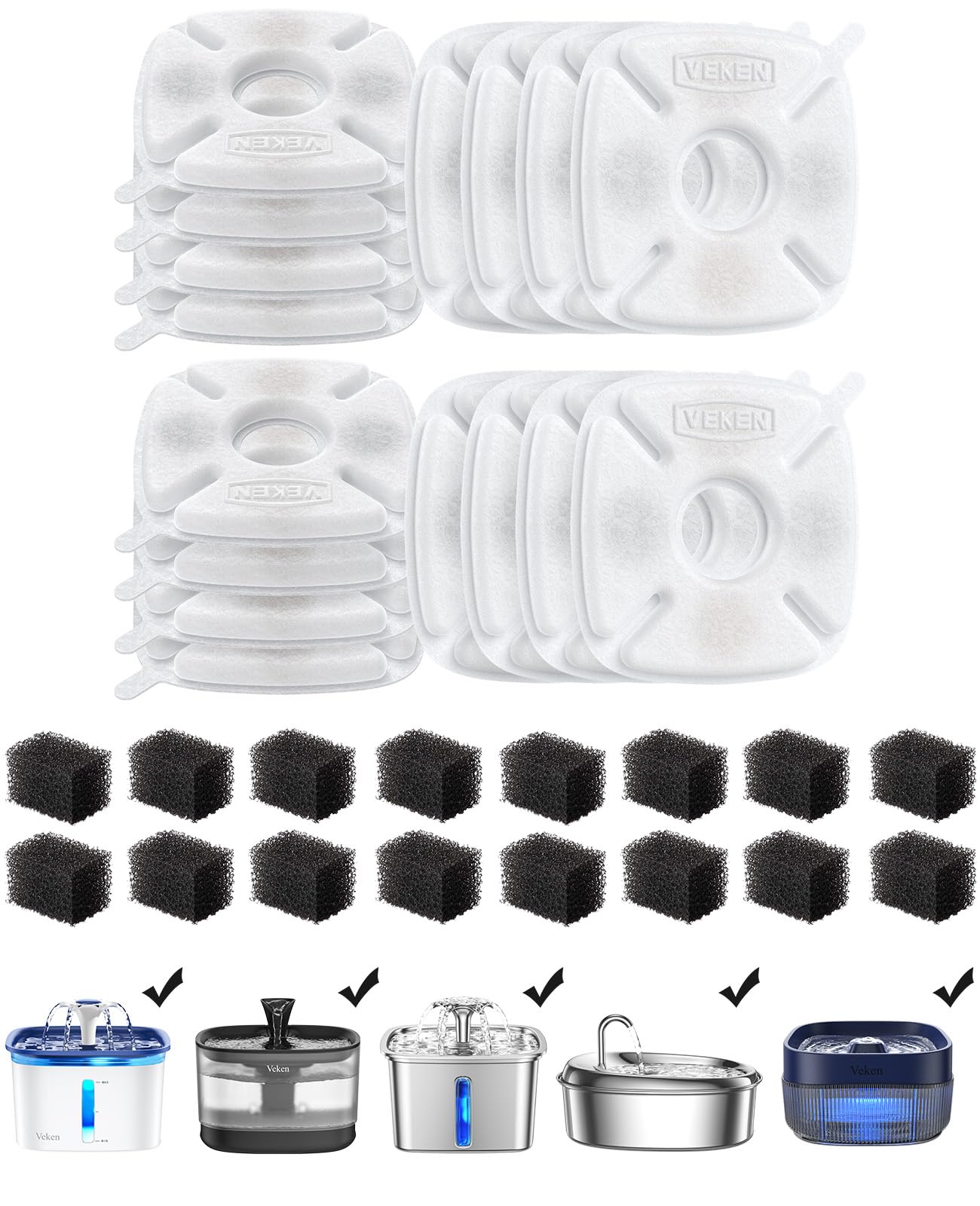 Veken Cat Water Fountain Filter, Classic 16 Pack Replacement Filters & 16 Pack Replacement Pre-Filter Sponges For 67Oz, 95Oz, 13