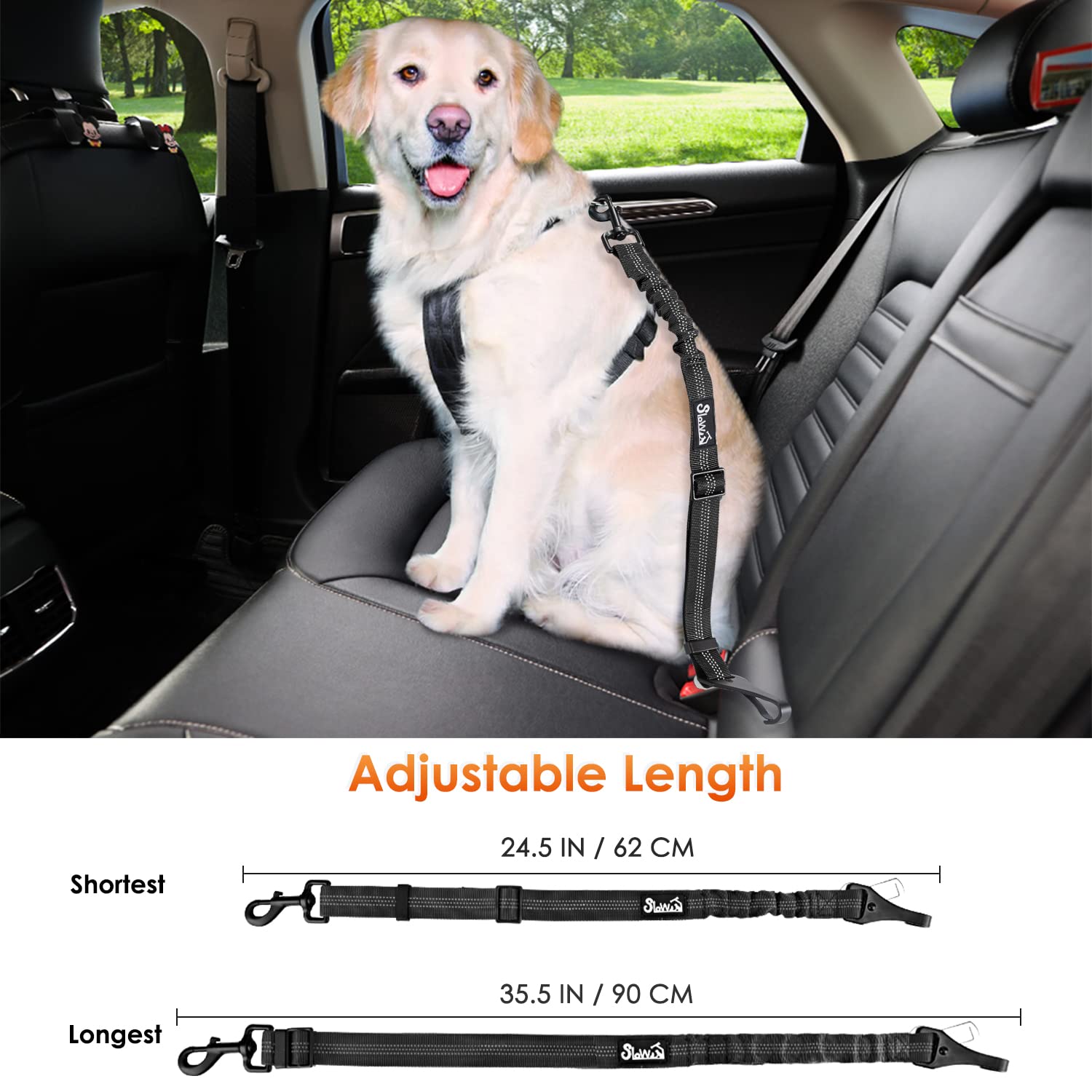 Slowton Dog Seat Belt, Adjustable Dog Safety Belt Leash, 2 In 1 Latch Bar Attachment Dog Car Seatbelt With Elastic Nylon Bungee Buffer, Reflective Nylon Belt Tether Connect To Dog Harness(Bl,35.5In)