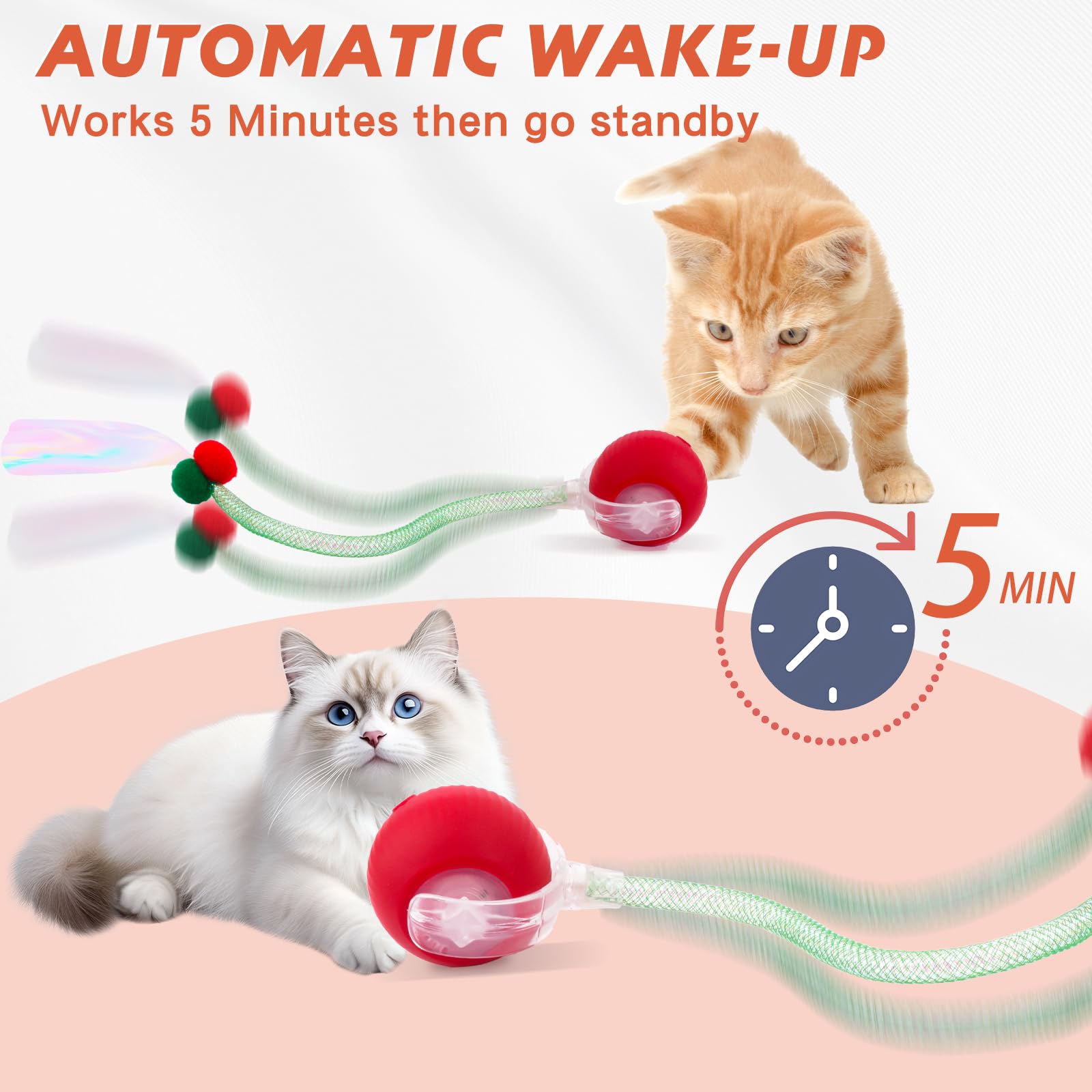 Interactive Cat Toys for Indoor Cats, Speedy Tail 2.0 Cat Toy, Smart Moving Ball Toys for Kitten Adult Cats with 2 Pcs Elastic M