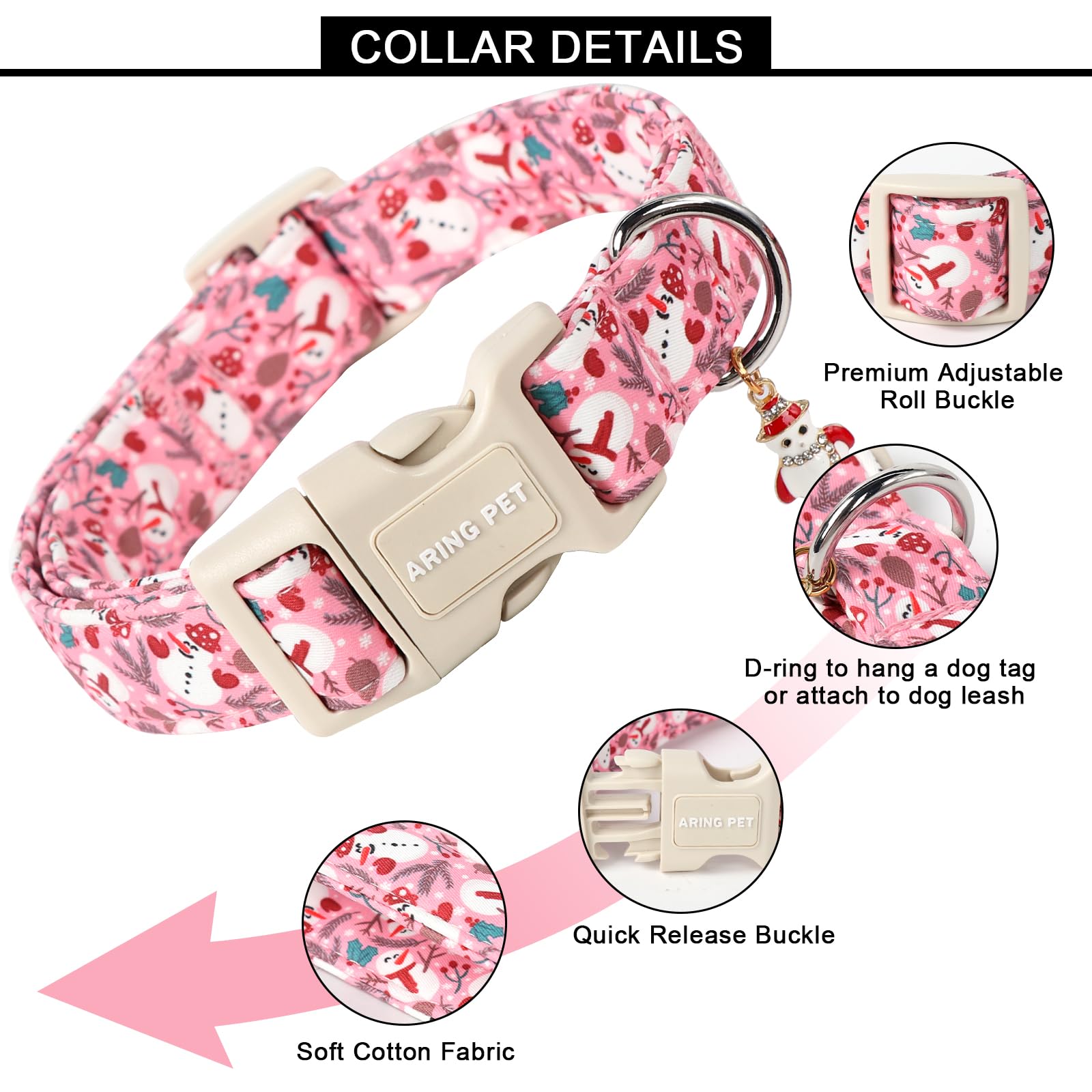 Aring Pet Christmas Dog Collar-Cute Pink Snowman Dog Collars, Adjustable Christmas Pet Collars Puppy Collar With Quick Release B