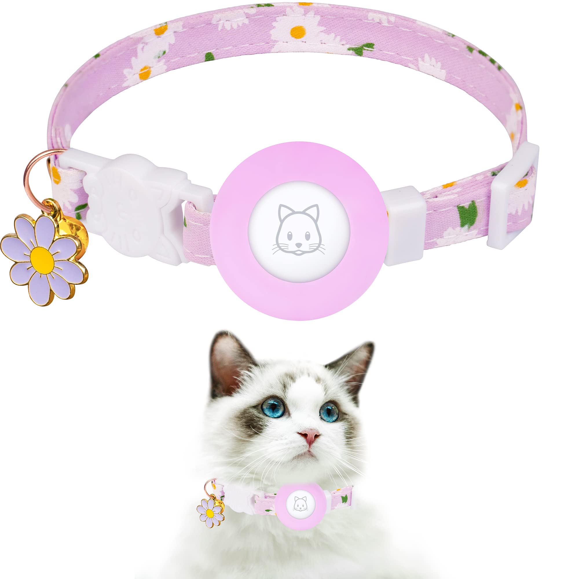 Airtag Cat Collar, Jxfukal Kitten Collar Breakaway With Silicone Airtag Holder, Bells & Flower Charm For Girl Cats Boy Cats Small Dogs(Purple)