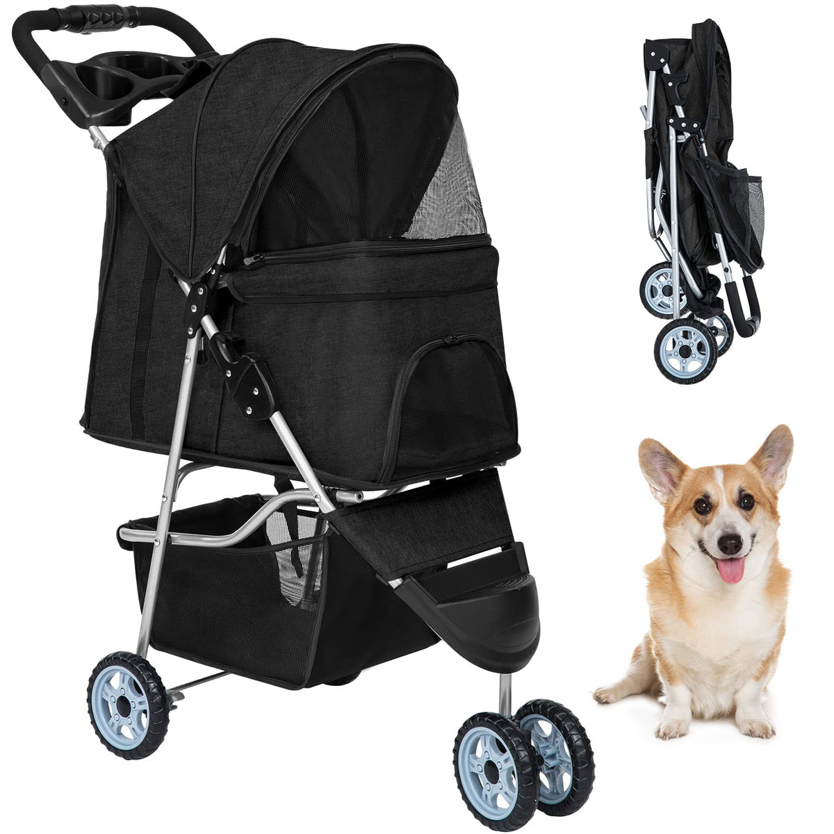 Bestpet Pet Stroller Dog Cat Jogger Stroller For Medium Small Dogs Cats Folding Lightweight Travel Stroller With Cup Holder (Bla