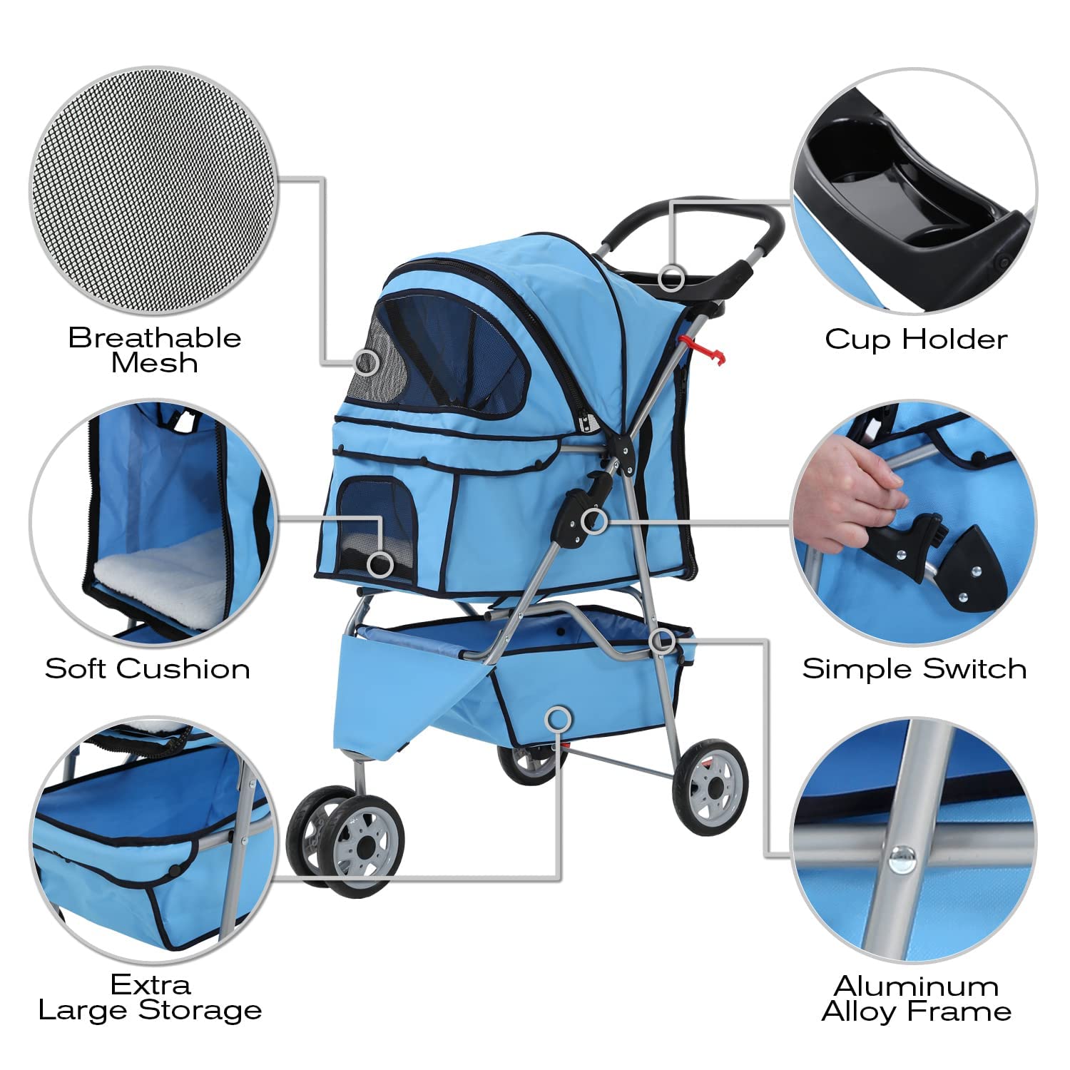 Hcy Folding Dog Stroller, 3 Wheels Pet Strollers Pet Gear For Small Medium Cats Dogs Puppy With Storage Basket, Cup Holder,Lightweight Blue 35.04Inchx17.32Inchx38.58Inch