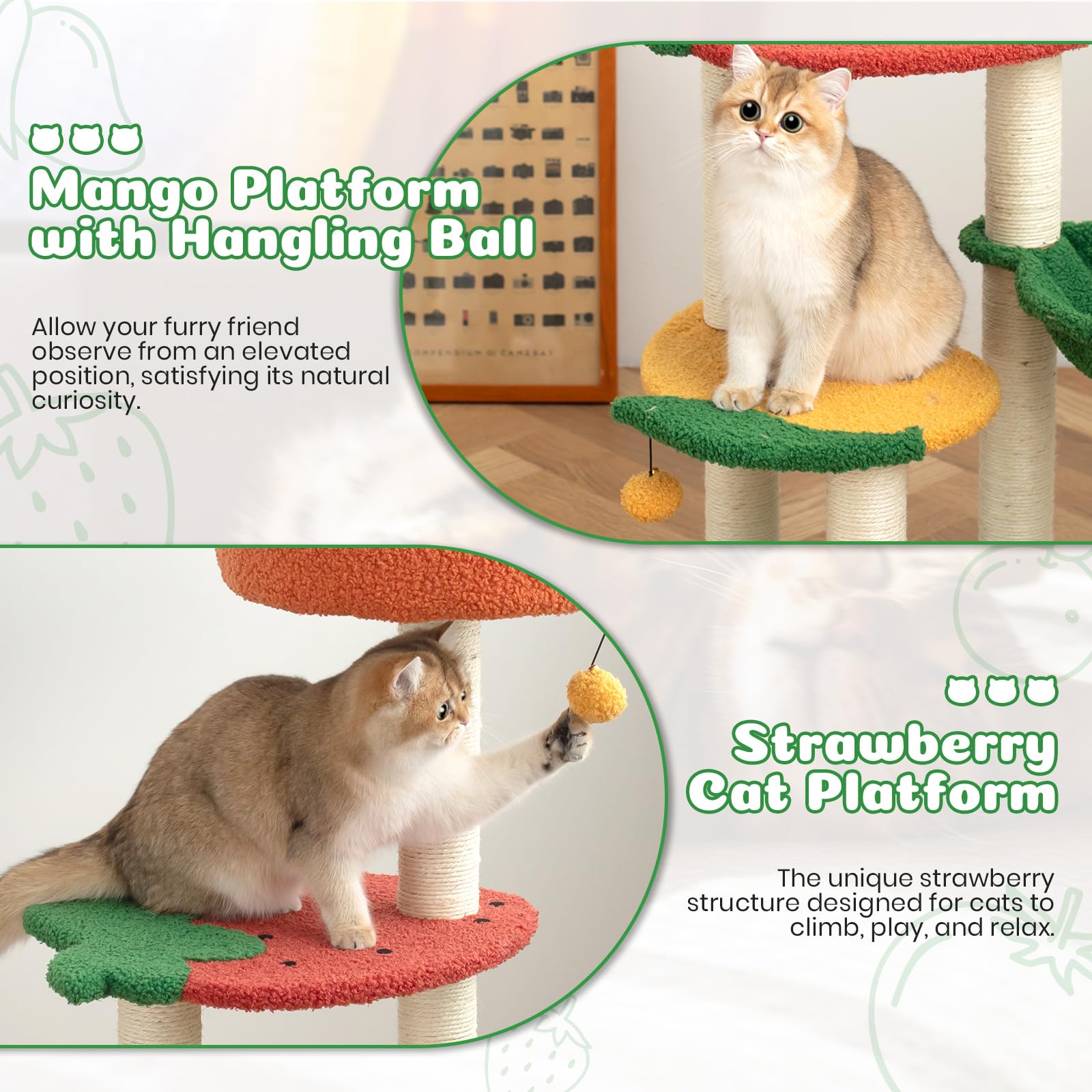 Happy & Polly Cute Cat Tree - 40.5'' Fruit World Cat Tower For Indoor Cats, Cat Tree Condo With Sisal Scratching Posts, Cozy Ham