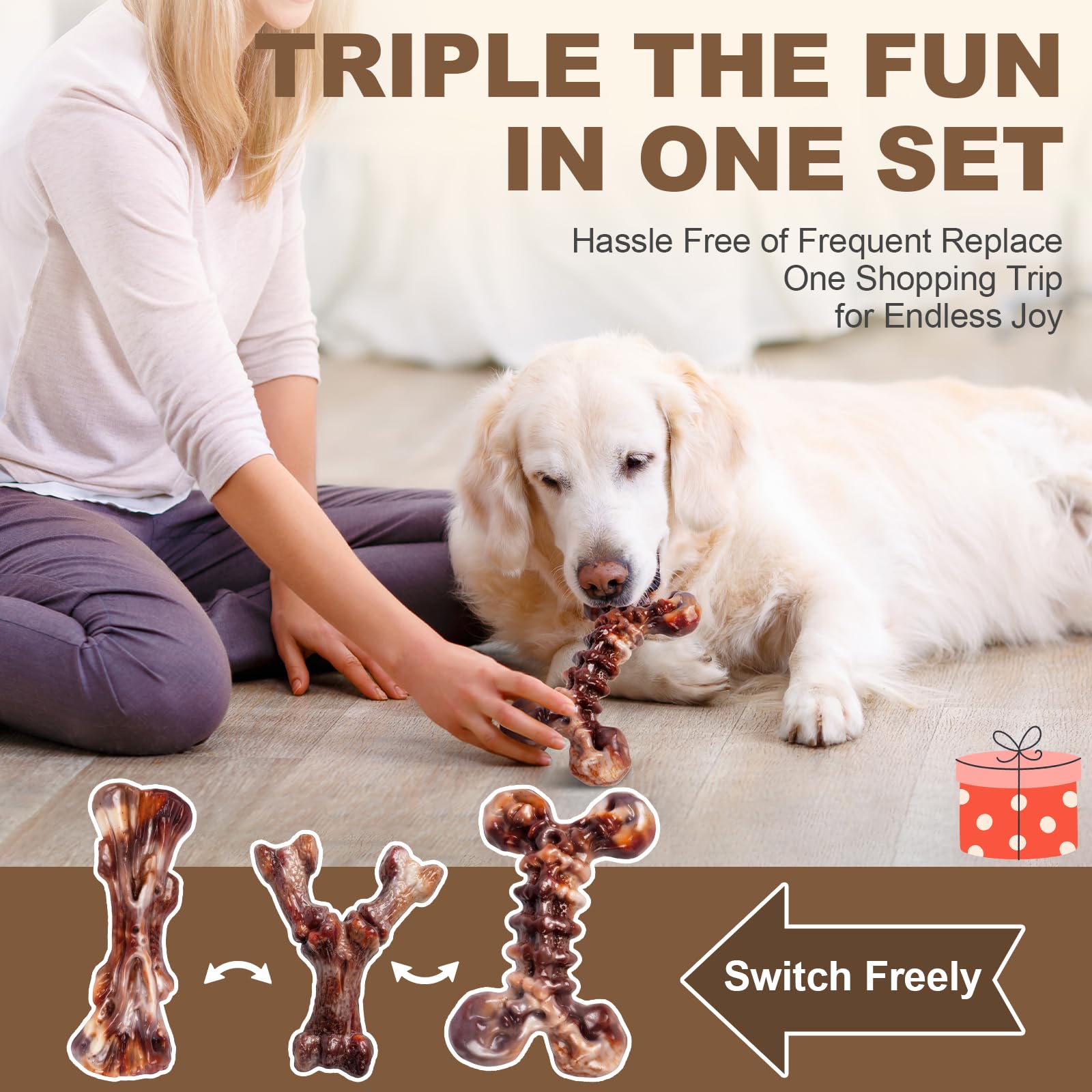 Kseroo Dog Toys for Aggressive Chewers - 3 Pack Bacon Flavored Indestructible Dog Toy, Big Tough Chew Bone for Medium Large Bree